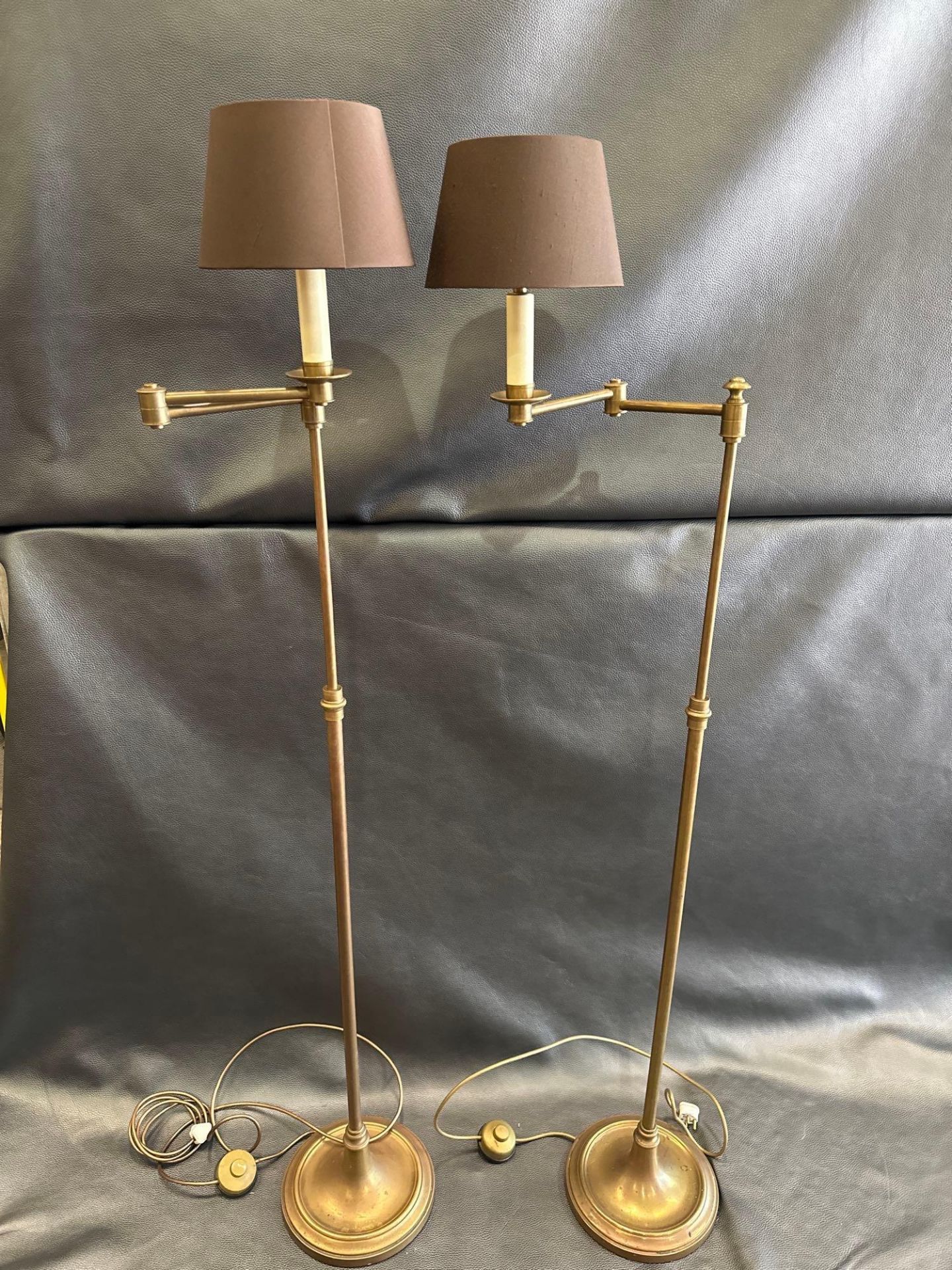 A Pair Library Floor Lamps Finished In English Bronze Swing Arm Function With Shade 156cm - Image 2 of 4