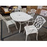 White Painted Metal Oval Patio Table and 4 Chairs 150 x 95 x 75  chair size pitch 41 x 55 x 95