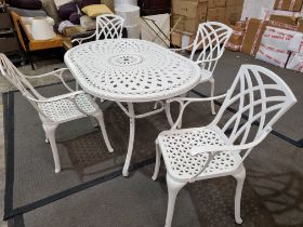 White Painted Metal Oval Patio Table and 4 Chairs 150 x 95 x 75  chair size pitch 41 x 55 x 95