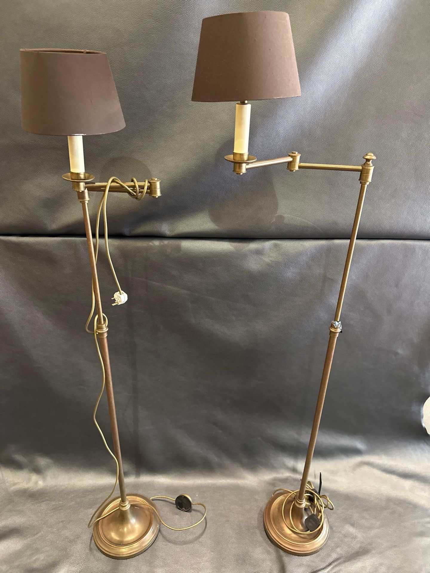 A Pair Library Floor Lamps Finished In English Bronze Swing Arm Function With Shade 156cm - Image 3 of 4