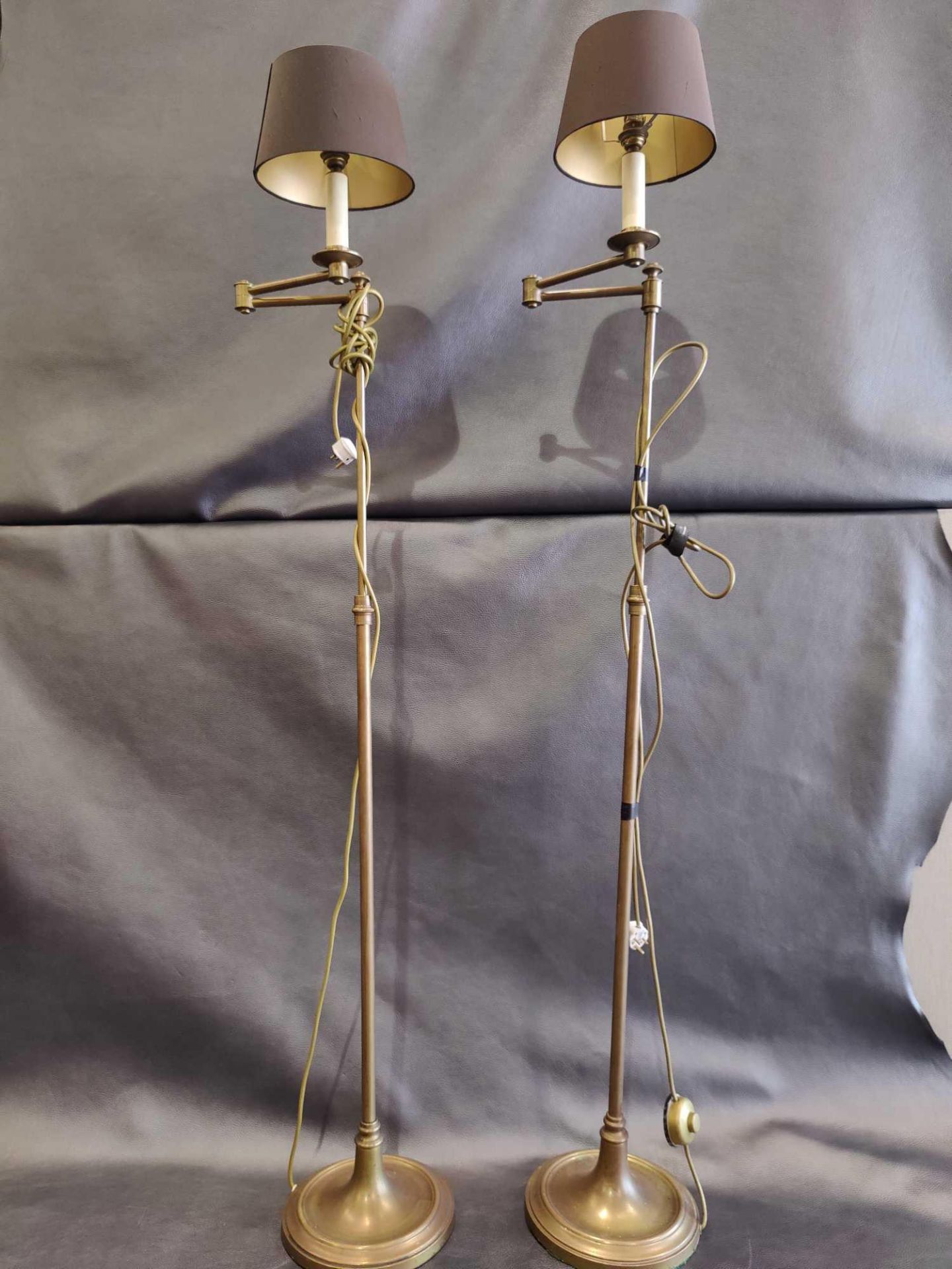 A Pair Of Library Floor Lamps Finished In English Bronze Swing Arm Function With Shade 156cm - Image 2 of 4