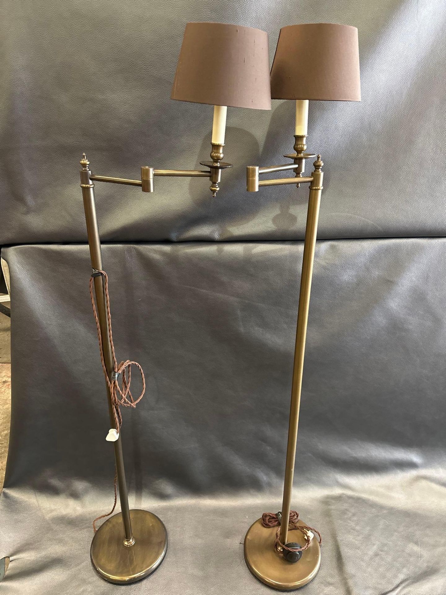 A Pair Library Floor Lamps Finished In English Bronze Swing Arm Function With Shade 156cm - Image 3 of 6