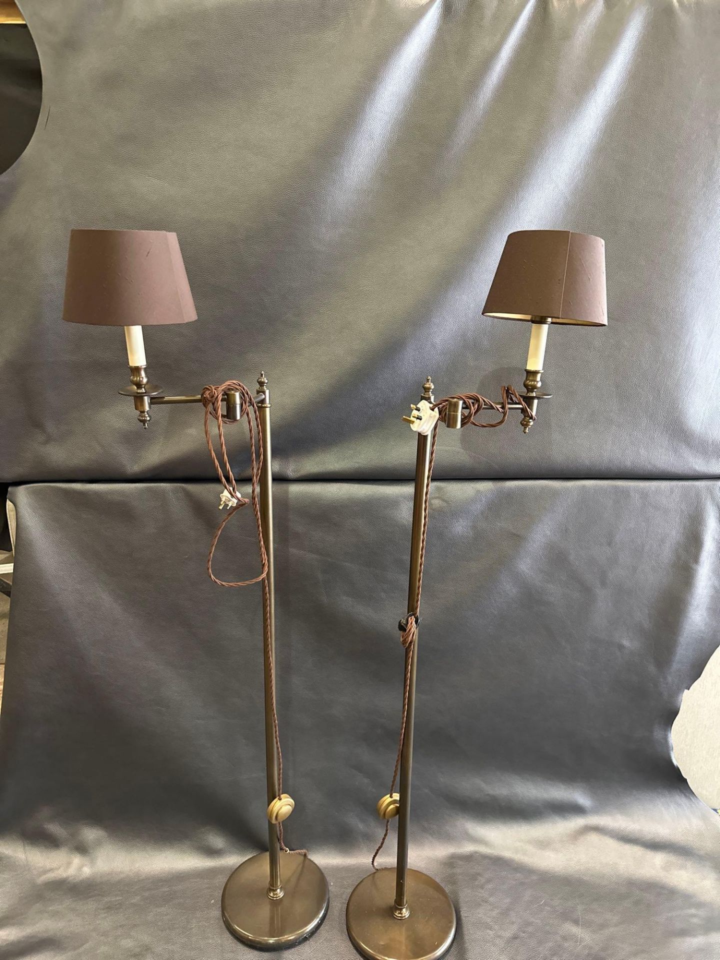 A Pair Library Floor Lamps Finished In English Bronze Swing Arm Function With Shade 156cm - Image 3 of 5