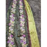 A Pair Of Green Floral Silk Bed Head Drapes With Brass Tiebacks 186 x 266cm (Dorch 57)