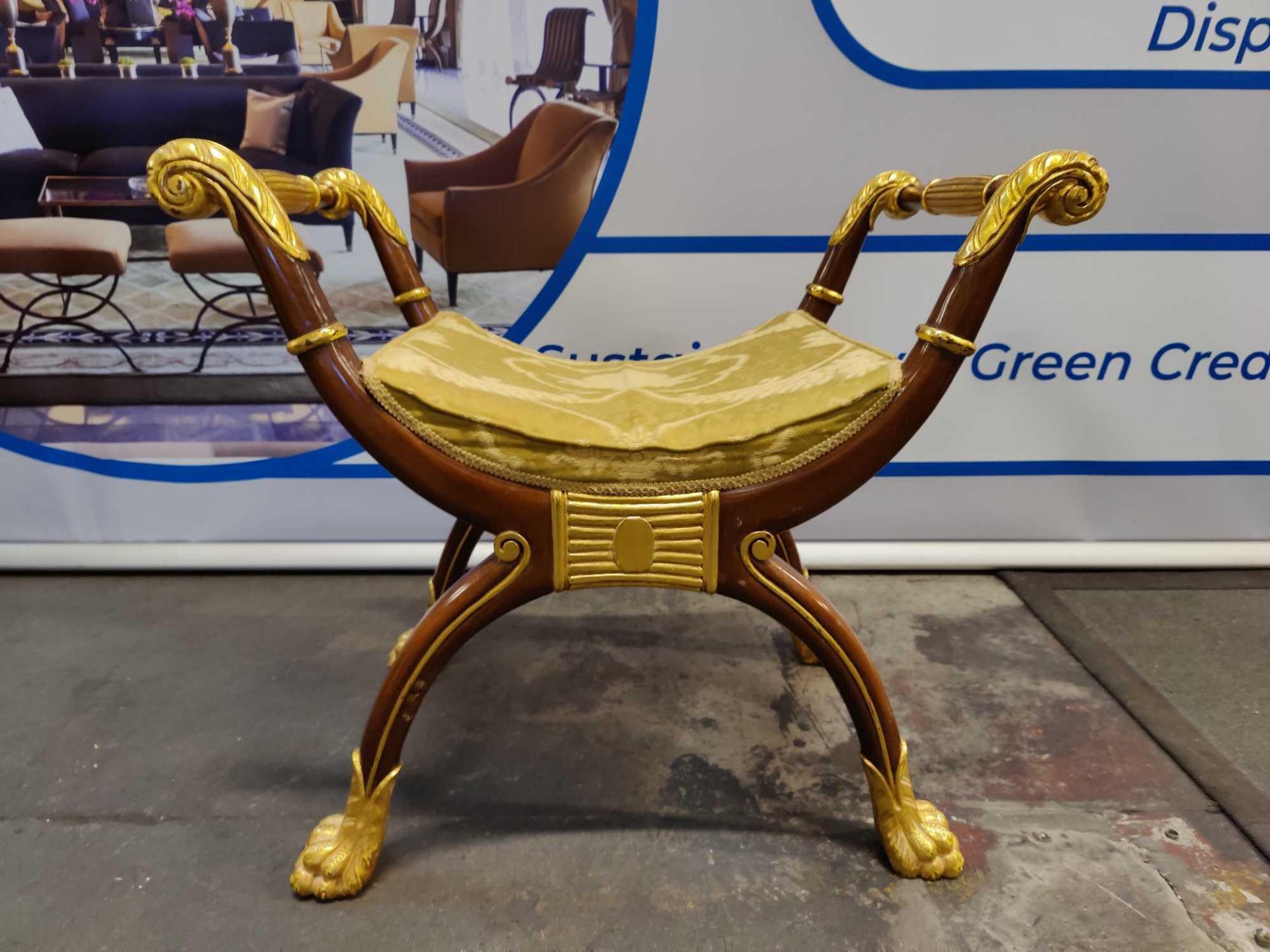 Gilt And Painted Curule Chair With Foliate And Reeded Gilt Painting And Gilt Paw Feet; Silk