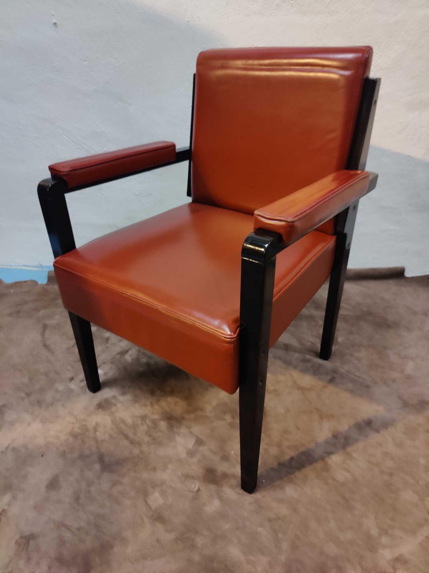 Black Metal Frame Danish Style Red Leather Arm Chair