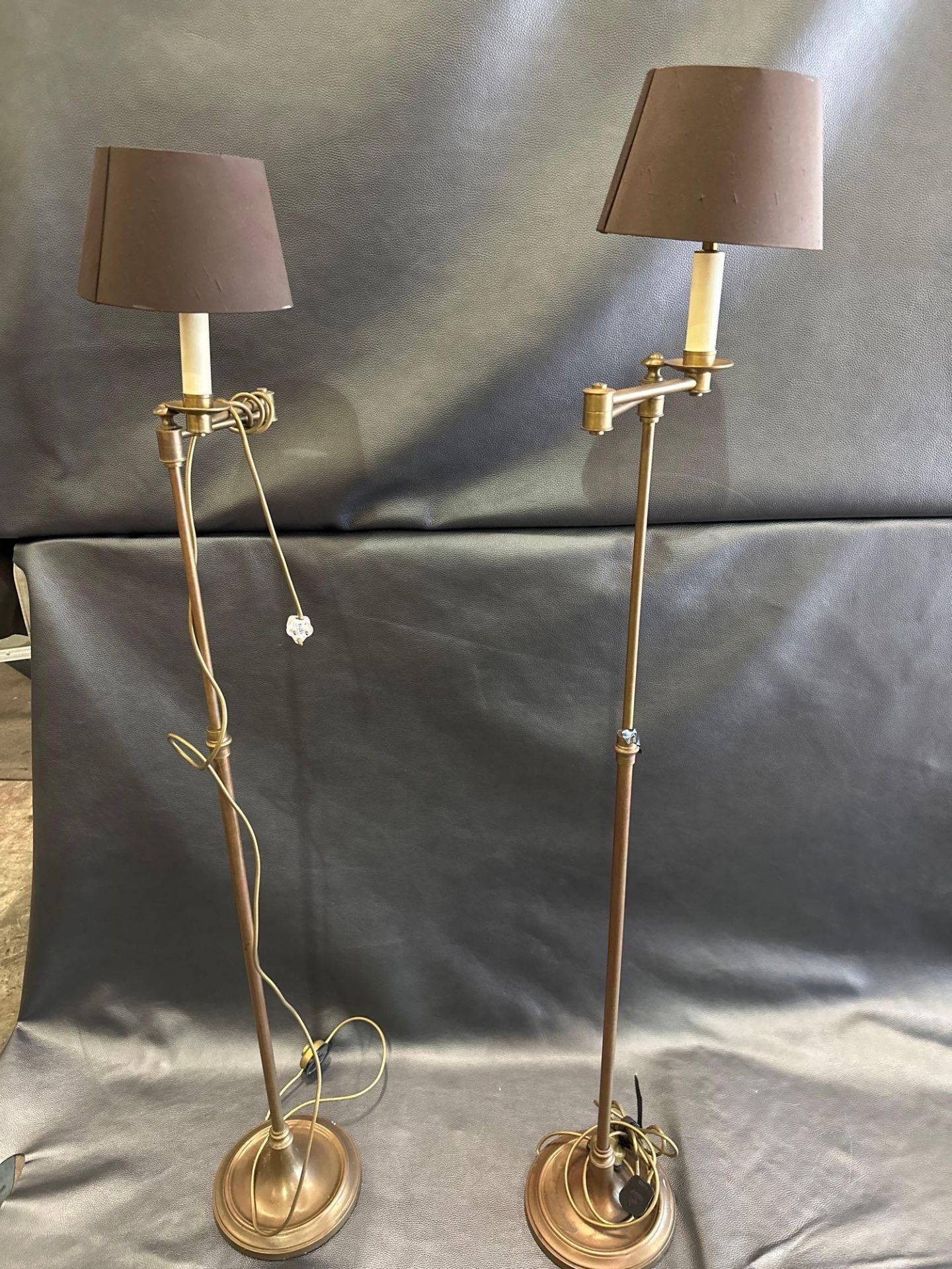 A Pair Library Floor Lamps Finished In English Bronze Swing Arm Function With Shade 156cm - Image 2 of 4