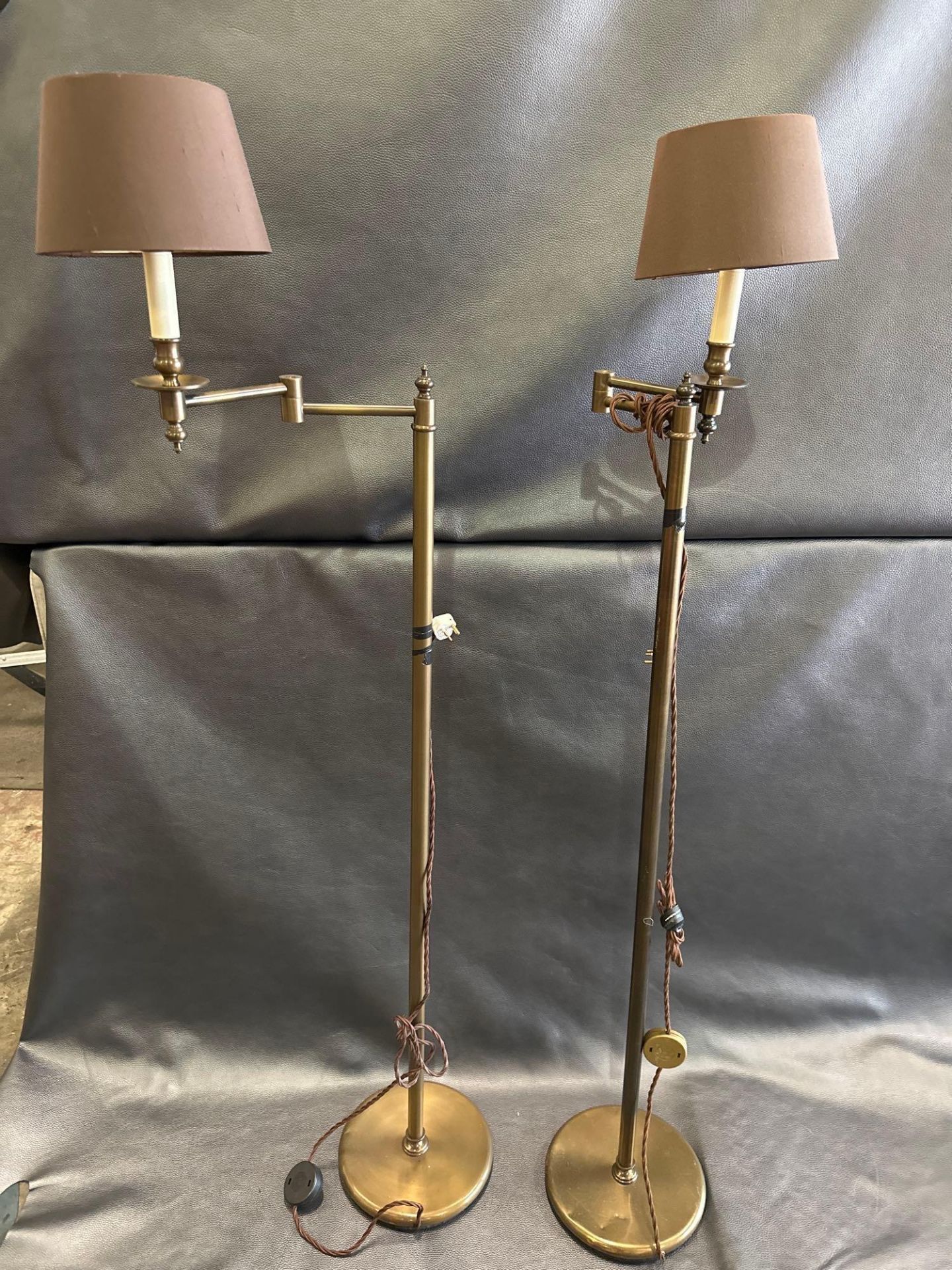 A Pair Library Floor Lamps Finished In English Bronze Swing Arm Function With Shade 156cm - Image 2 of 6