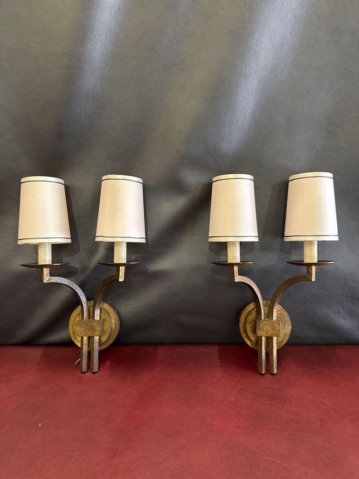 A Pair Of Dernier And Hamlyn Twin Arm Antique Bronzed Wall Sconces With Shade 51cm - Image 2 of 5