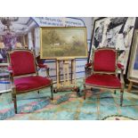 A Pair Of Giltwood & Upholstered Fauteuils In Louis XVI Style French Armchair With A Carved Cresting