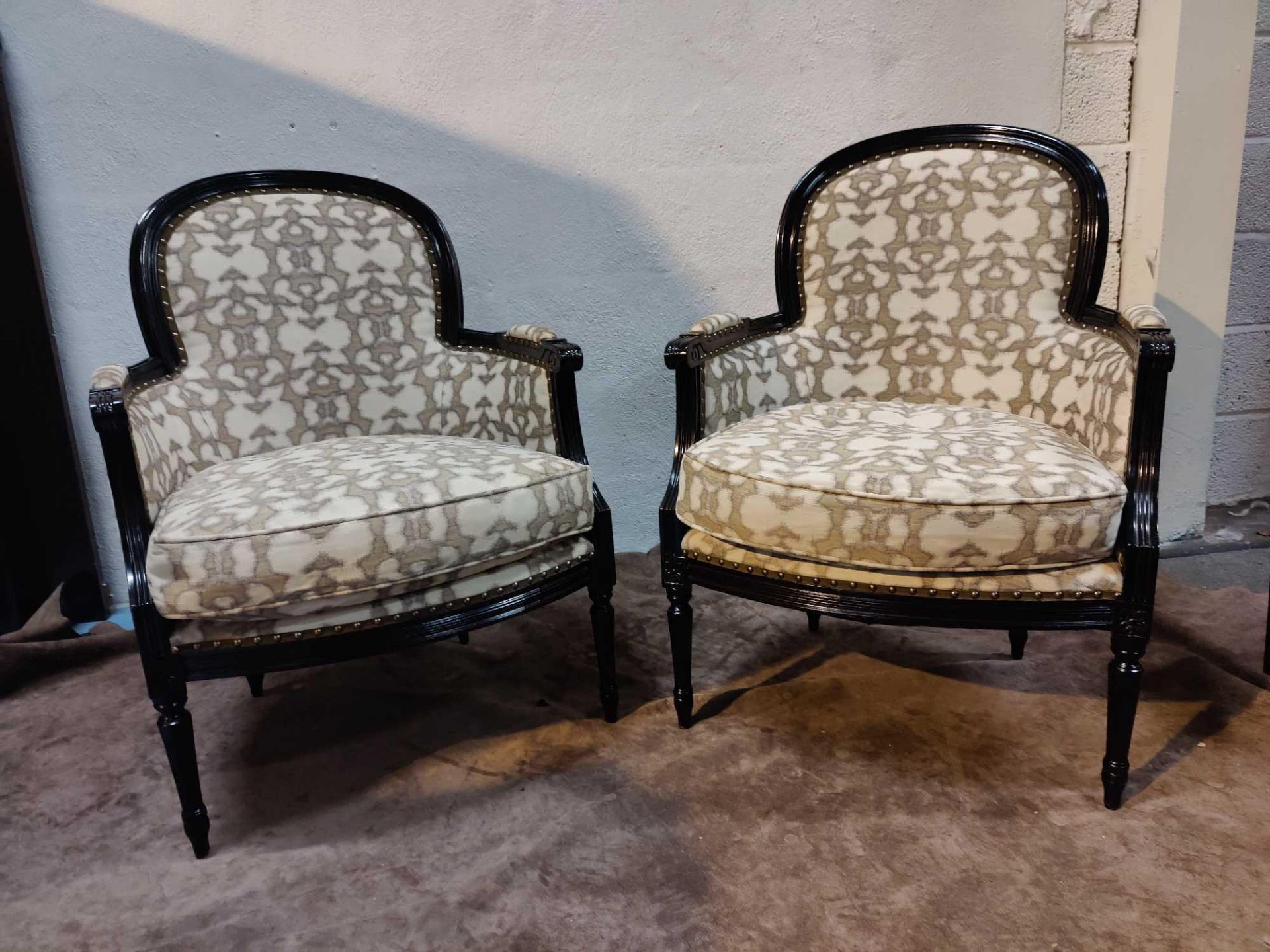 A Pair Of Bergere Chairs Black Wood Frame Upholstered In A Gold Cream Pattern With Stud Pin Detail - Image 2 of 3