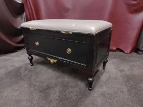 A Ebonised Wood Leather Top Ottoman With Gold Decorative Detailing And Single Drawer 90 x 50 x 55cm
