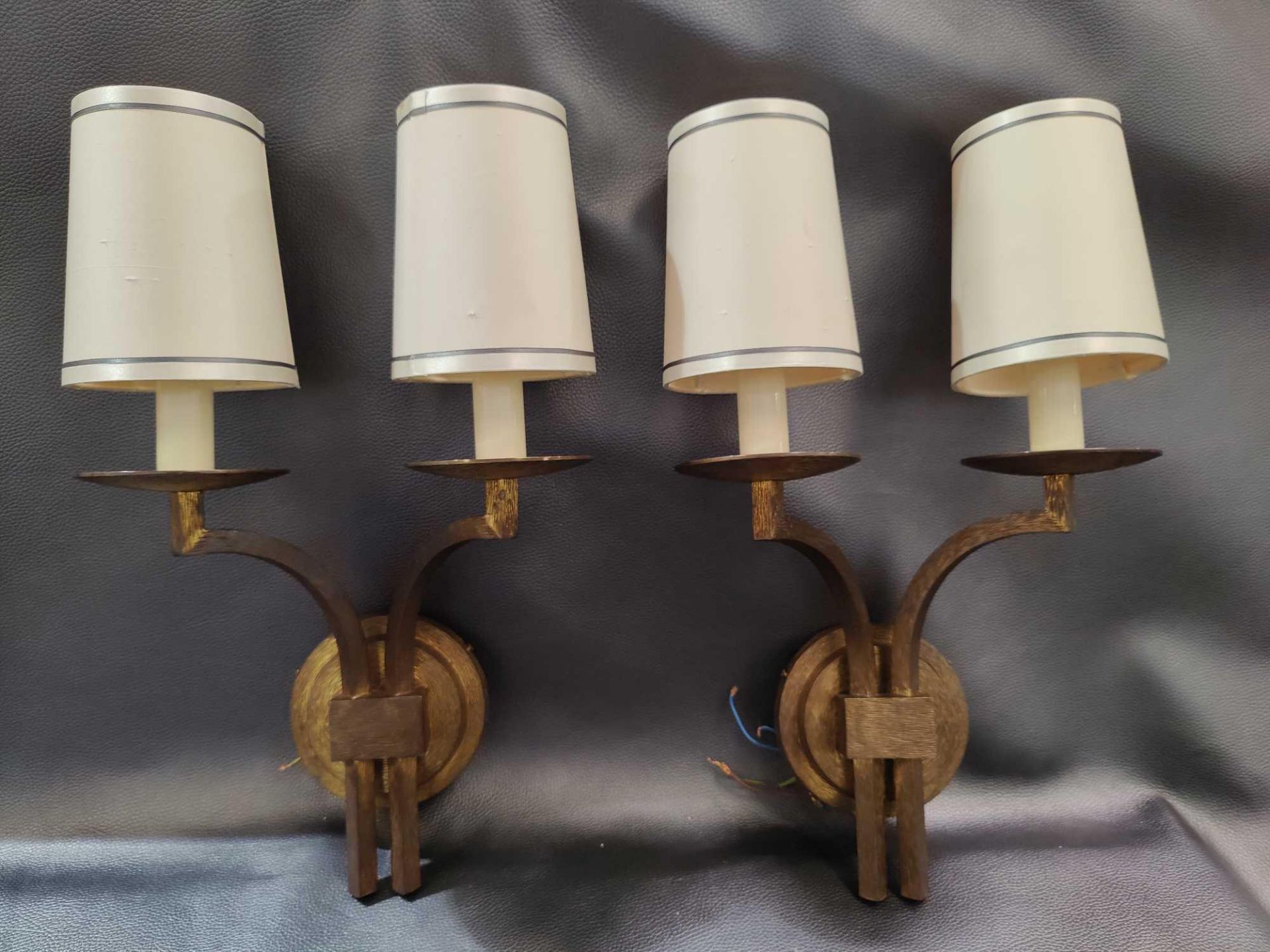 A Pair Of Dernier And Hamlyn Twin Arm Antique Bronzed Wall Sconces With Shade 51cm