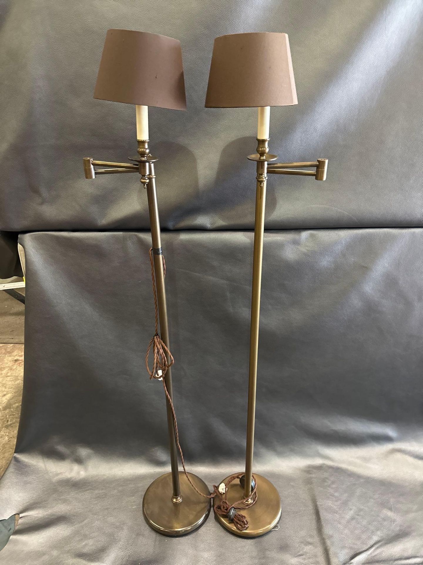 A Pair Library Floor Lamps Finished In English Bronze Swing Arm Function With Shade 156cm - Image 6 of 6