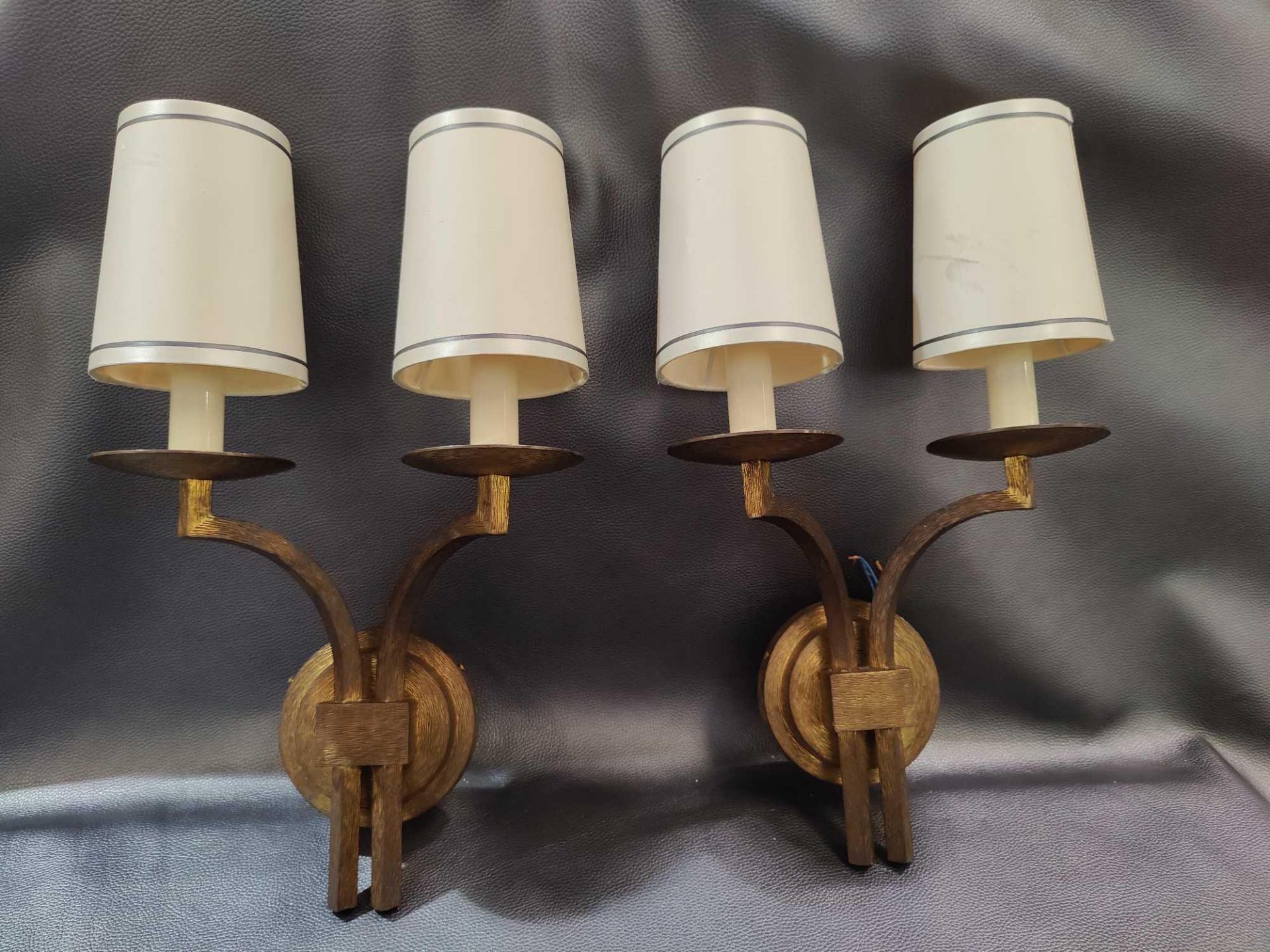 A Pair Of Dernier And Hamlyn Twin Arm Antique Bronzed Wall Sconces With Shade 51cm