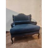 A Louis XV Style Loveseat Mahogany Carved With Floral Patina And Cabriole Legs Blue Upholstered