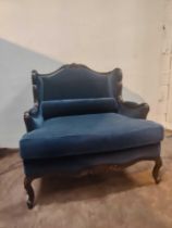 A Louis XV Style Loveseat Mahogany Carved With Floral Patina And Cabriole Legs Blue Upholstered