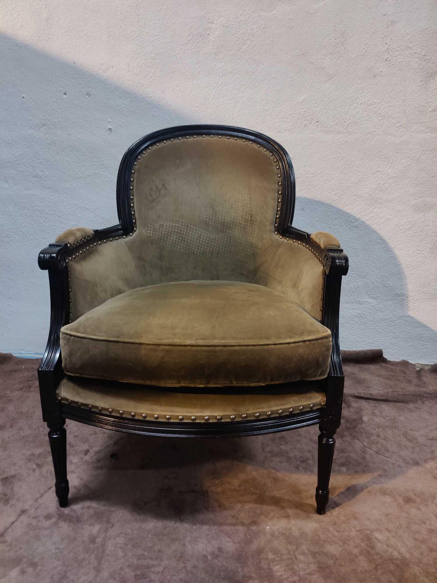 A Louis XV Style Bergere Chair In Taupe Brown With Squab Cushion The Slightly Flared Arms Have - Image 3 of 3