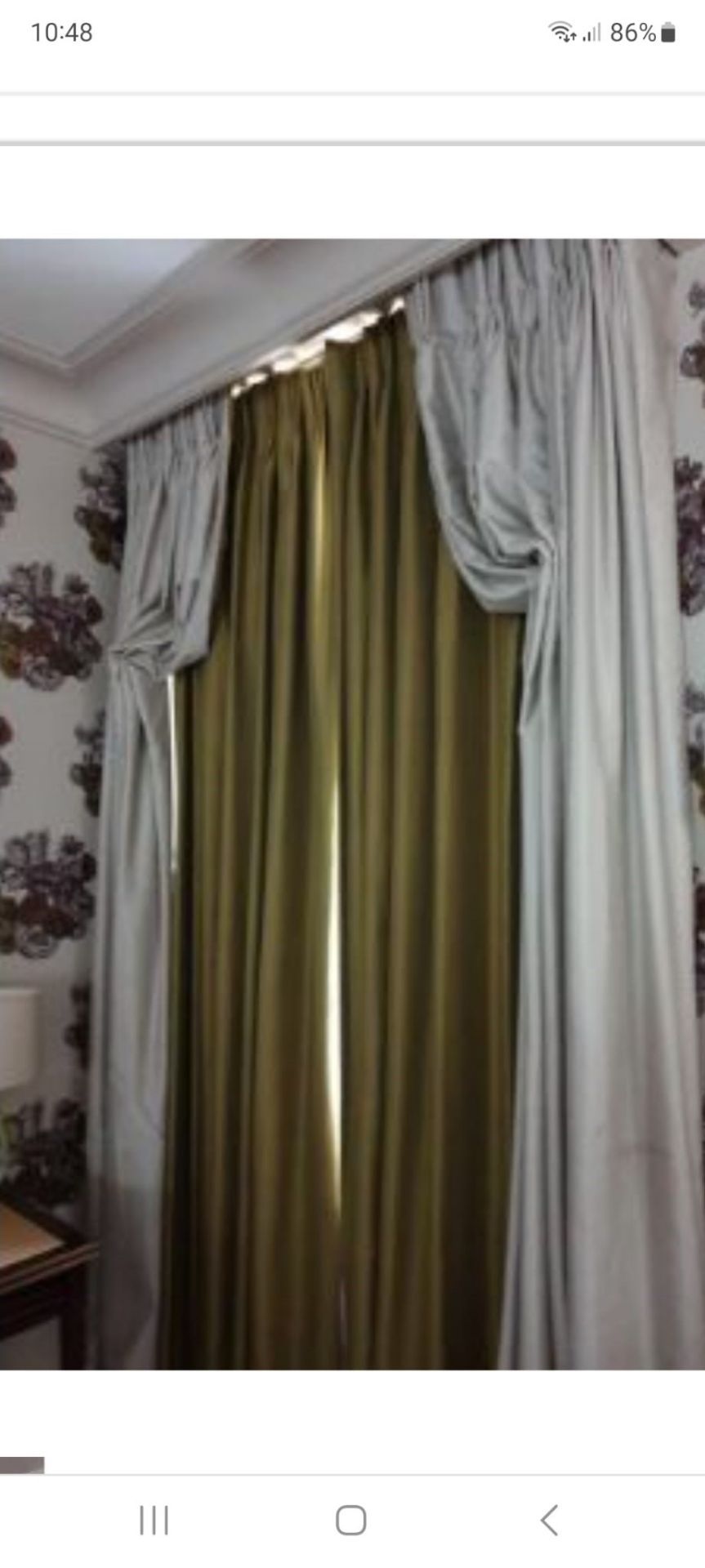 A Pair Of Green Silk Drapes And Jabots Gold Piping Detail 188 x 267cm (Dorch 45) - Image 2 of 2