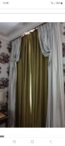 A Pair Of Silk Champagne Drapes With Green Patterned Jabots With Tassel Trim 270 x 270cm (Dorch 46)