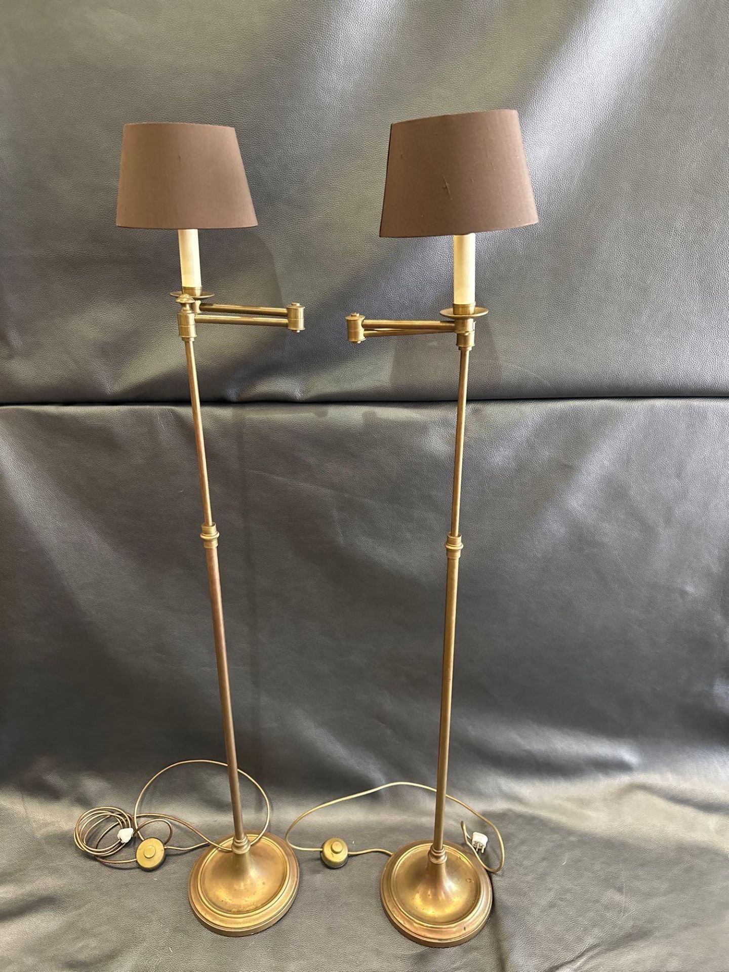 A Pair Library Floor Lamps Finished In English Bronze Swing Arm Function With Shade 156cm - Image 3 of 4