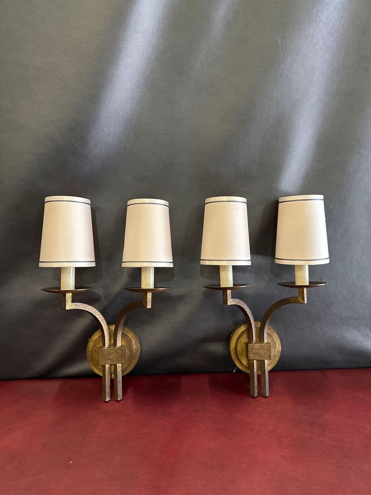 A Pair Of Dernier And Hamlyn Twin Arm Antique Bronzed Wall Sconces With Shade 51cm - Image 3 of 5