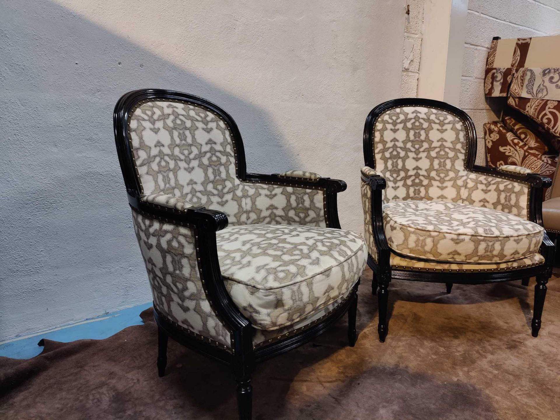 A Pair Of Bergere Chairs Black Wood Frame Upholstered In A Gold Cream Pattern With Stud Pin Detail - Image 3 of 3