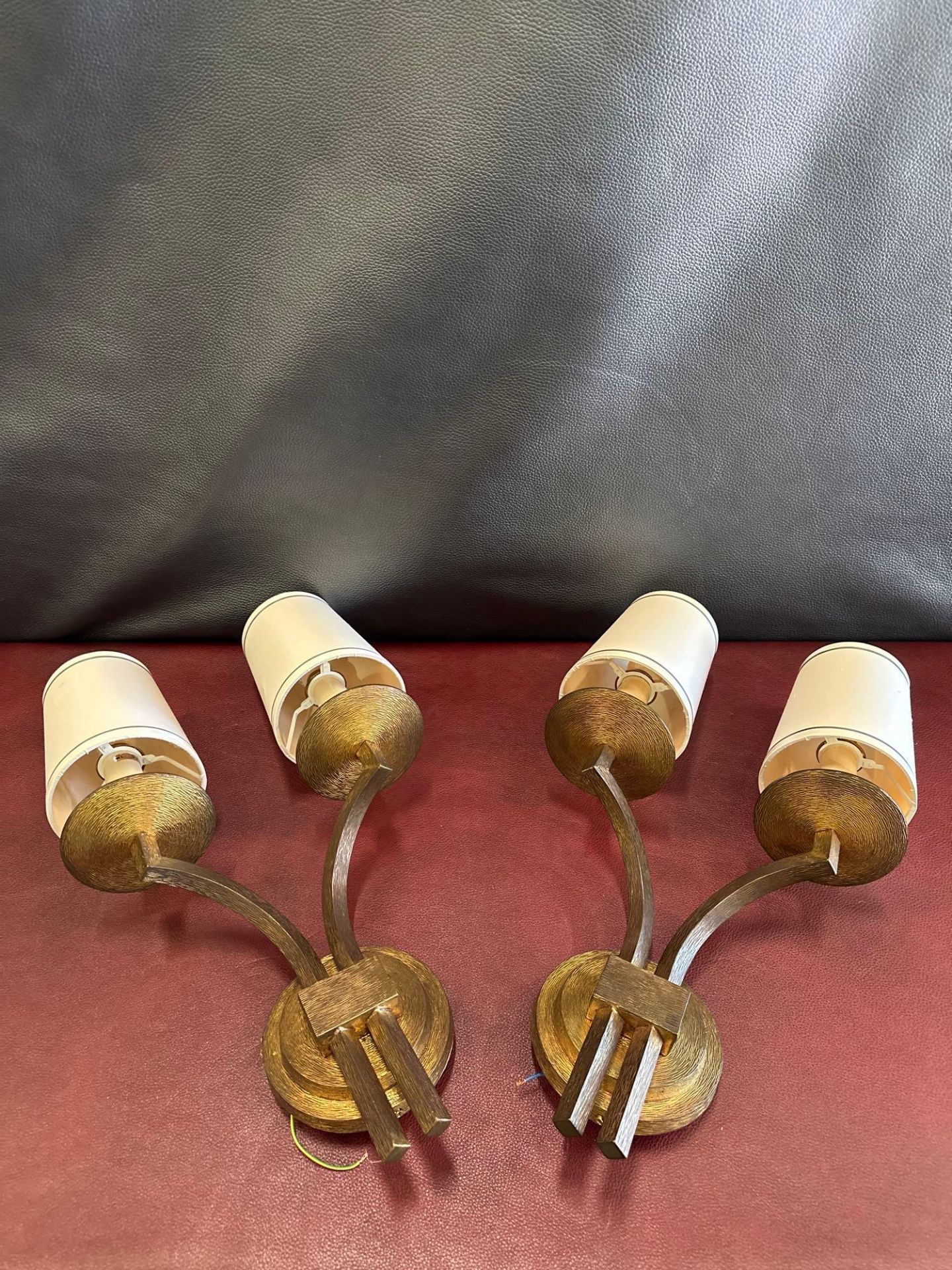 A Pair Of Dernier And Hamlyn Twin Arm Antique Bronzed Wall Sconces With Shade 51cm