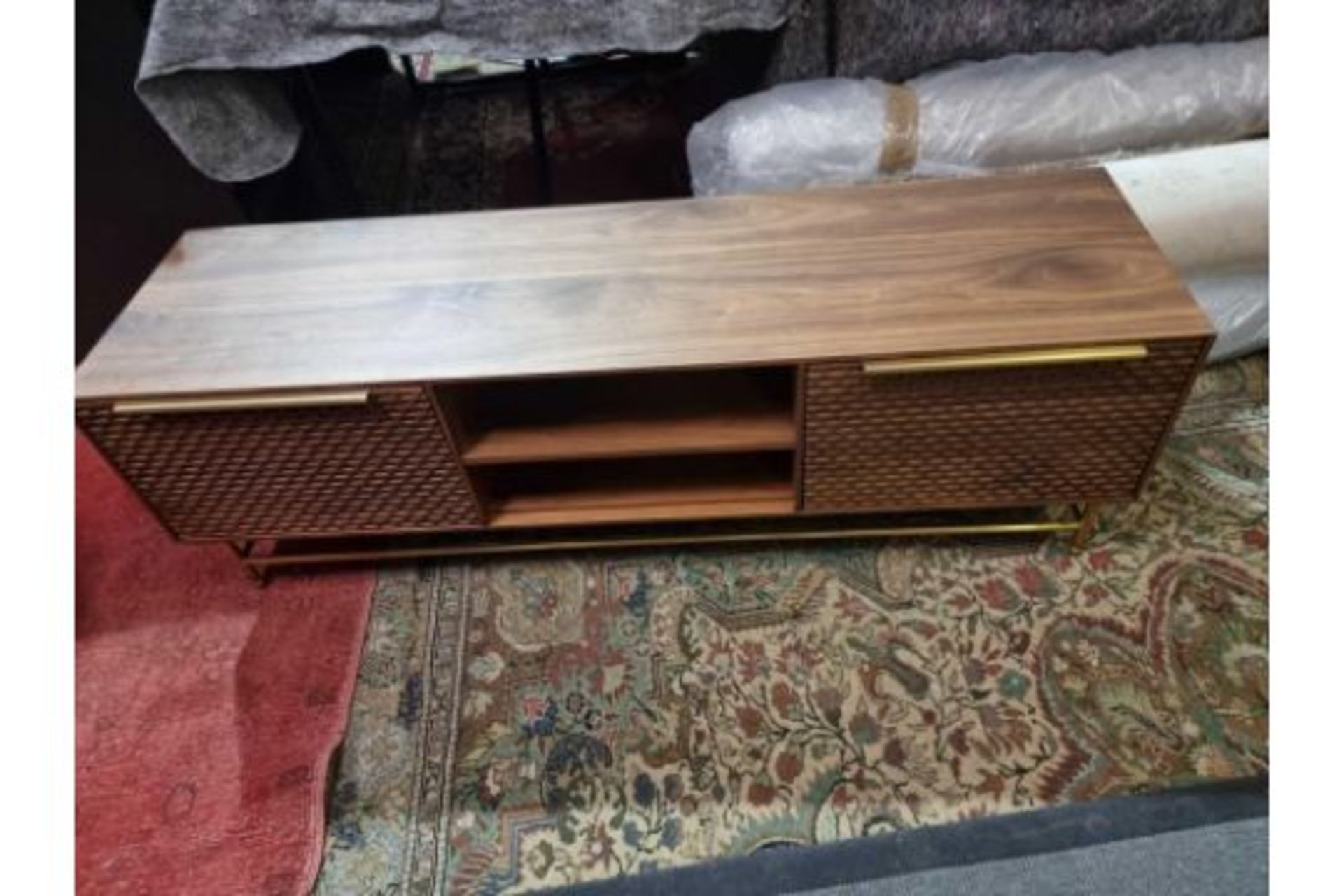 Combe Walnut Media Unit Solid And Veneer Black American Walnut With Honeycomb Carved Door Mounted On - Image 2 of 5