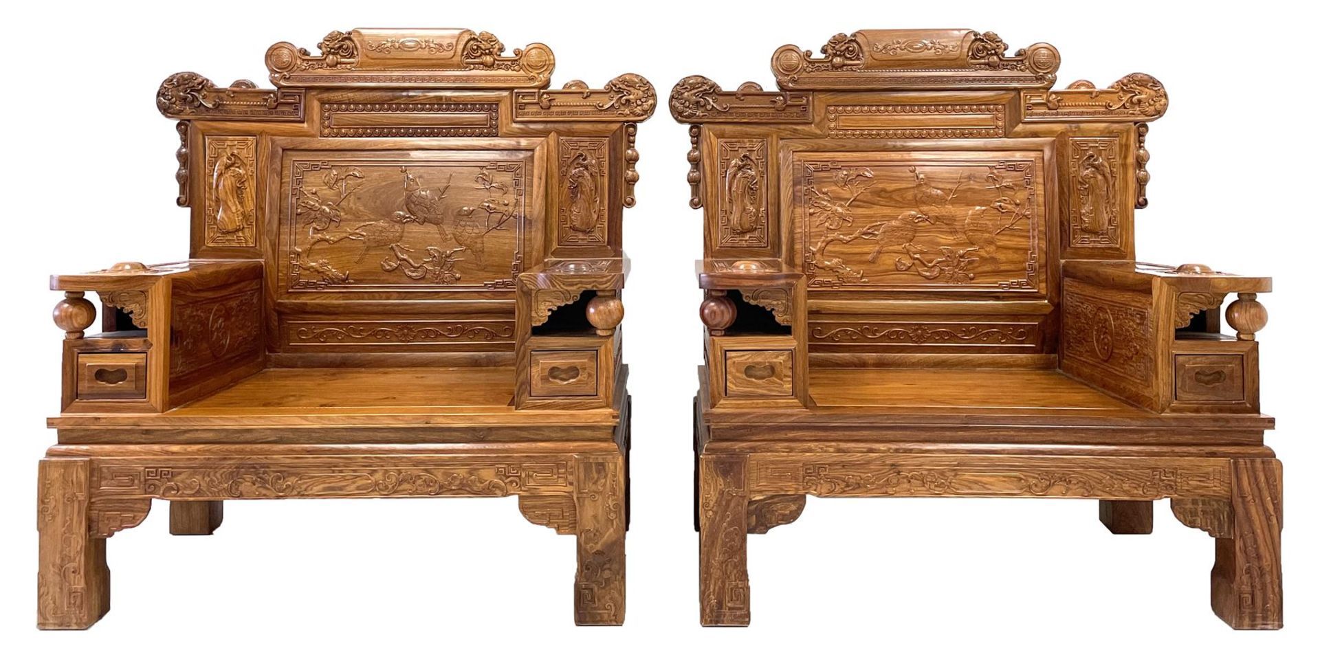 A Pair Chinese Imperial Style Hardwood Throne Chairs, The Backs Carved With Dragon Masks And Birds - Image 20 of 20