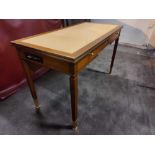 Writing Desk With Tooled Leather Inlay Faux Central Drawer Flanked By Single Drawer And Flap
