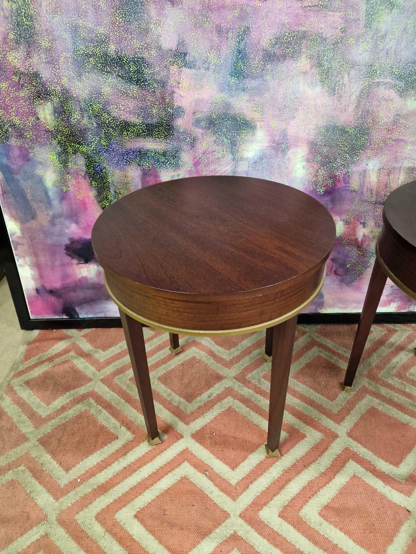 A Pair Of Mahogany Drum Side Tables With Circular Tops 55cm In Diameter With Brass Trim Details On