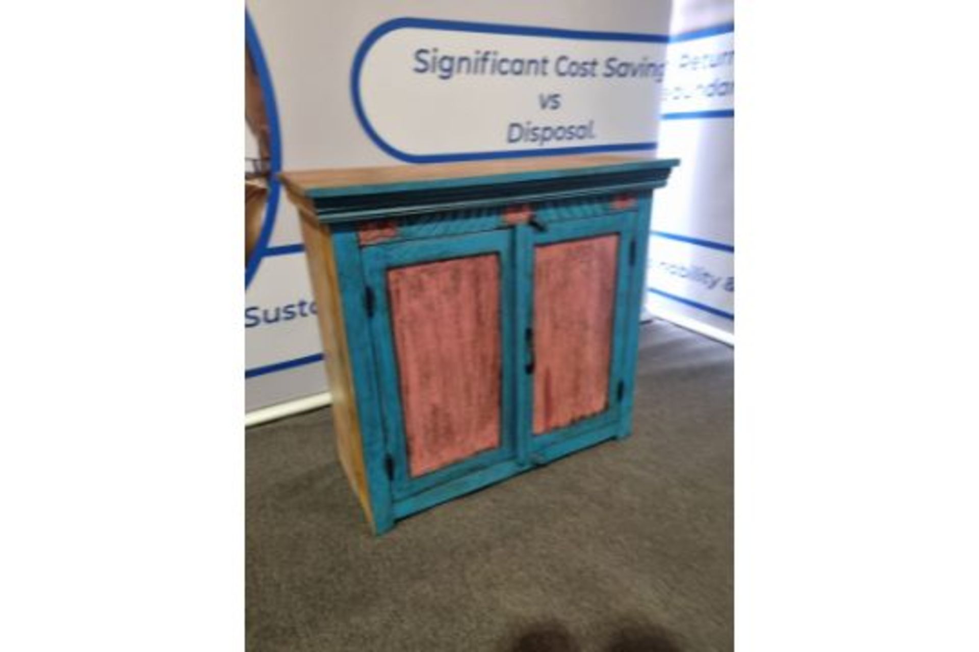 Craftsmen Indian Hand-Carved And Painted Reclaimed Wood Cabinet Distressed 90 x 40 x 85cm