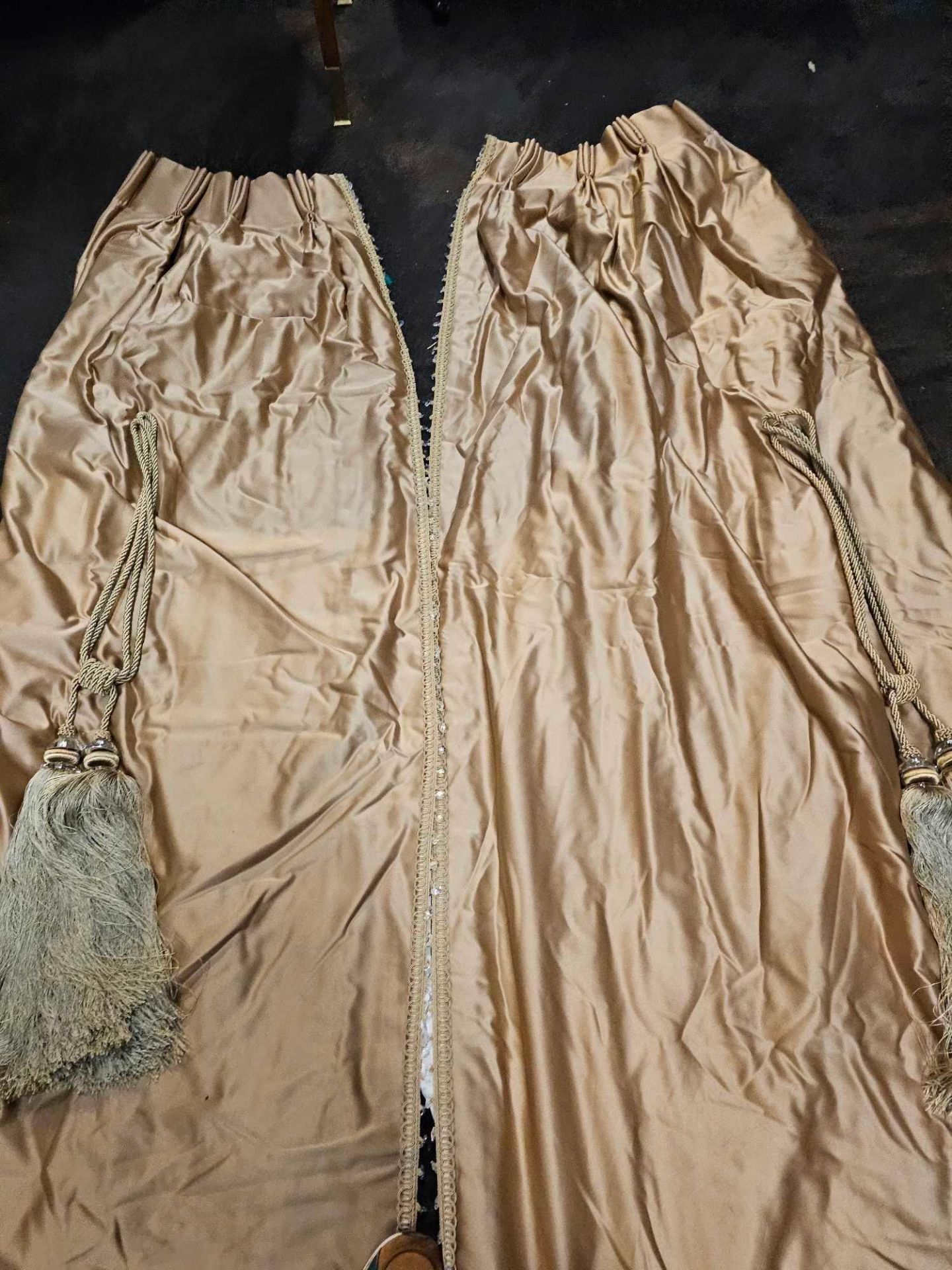 A Pair of Dark Gold Silk Drapes With Crystal Trim Edge With Silver Gold And Cream Jabots With Edge - Image 6 of 6