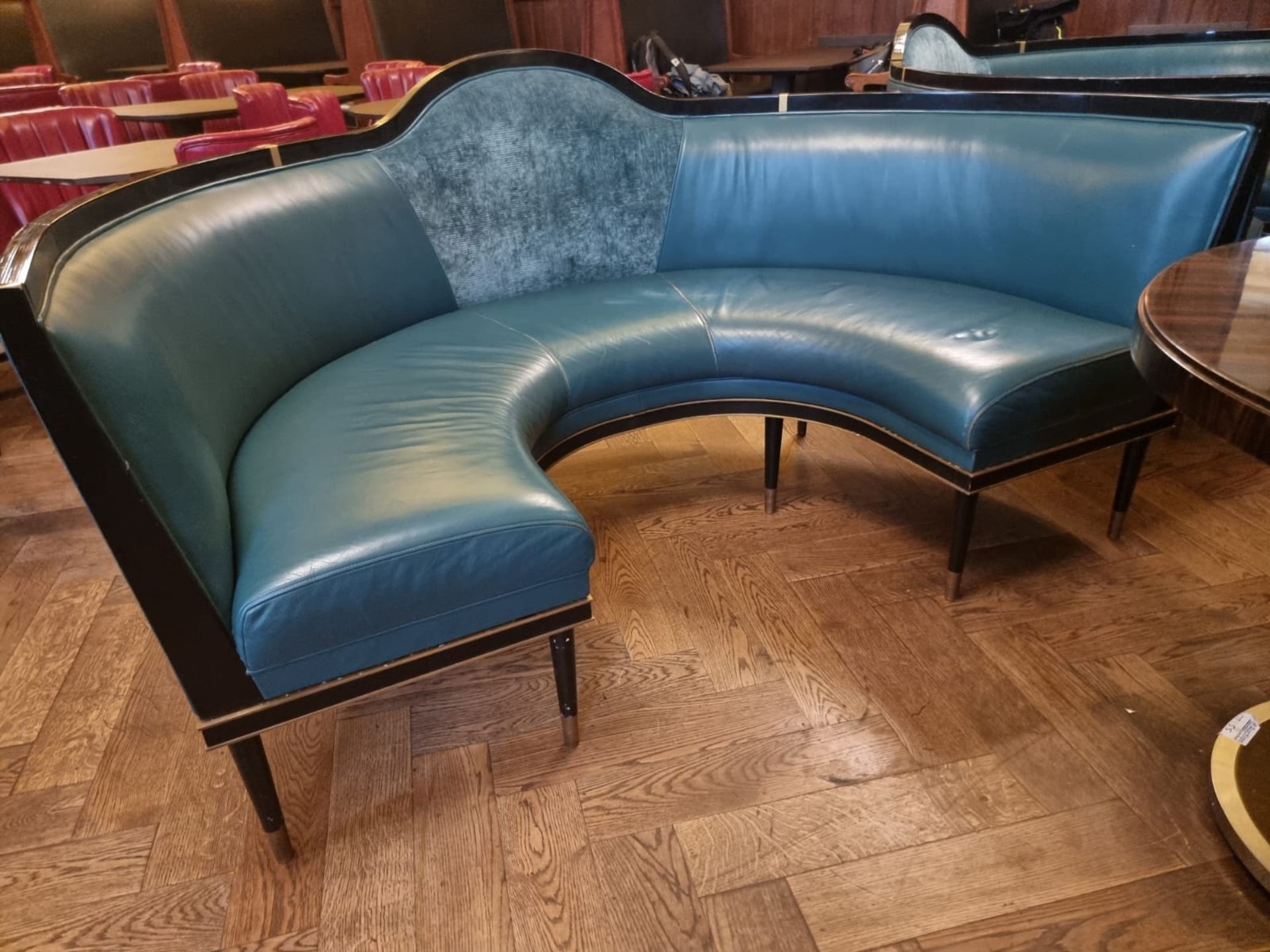 A  bespoke Robert Angell tufted leather banquette upholstered Circular Banquette Bench On Spindle - Image 3 of 3