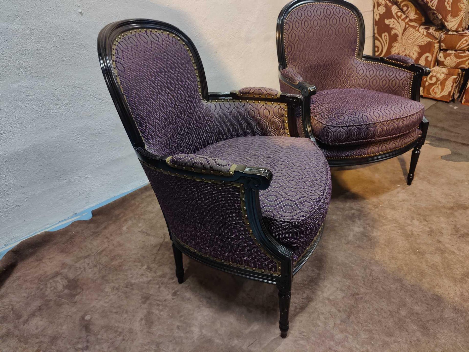 A Pair Of French Louis Style Bergere Chairs Black Wood Frame Upholstered In A Mauve Contract - Image 3 of 3