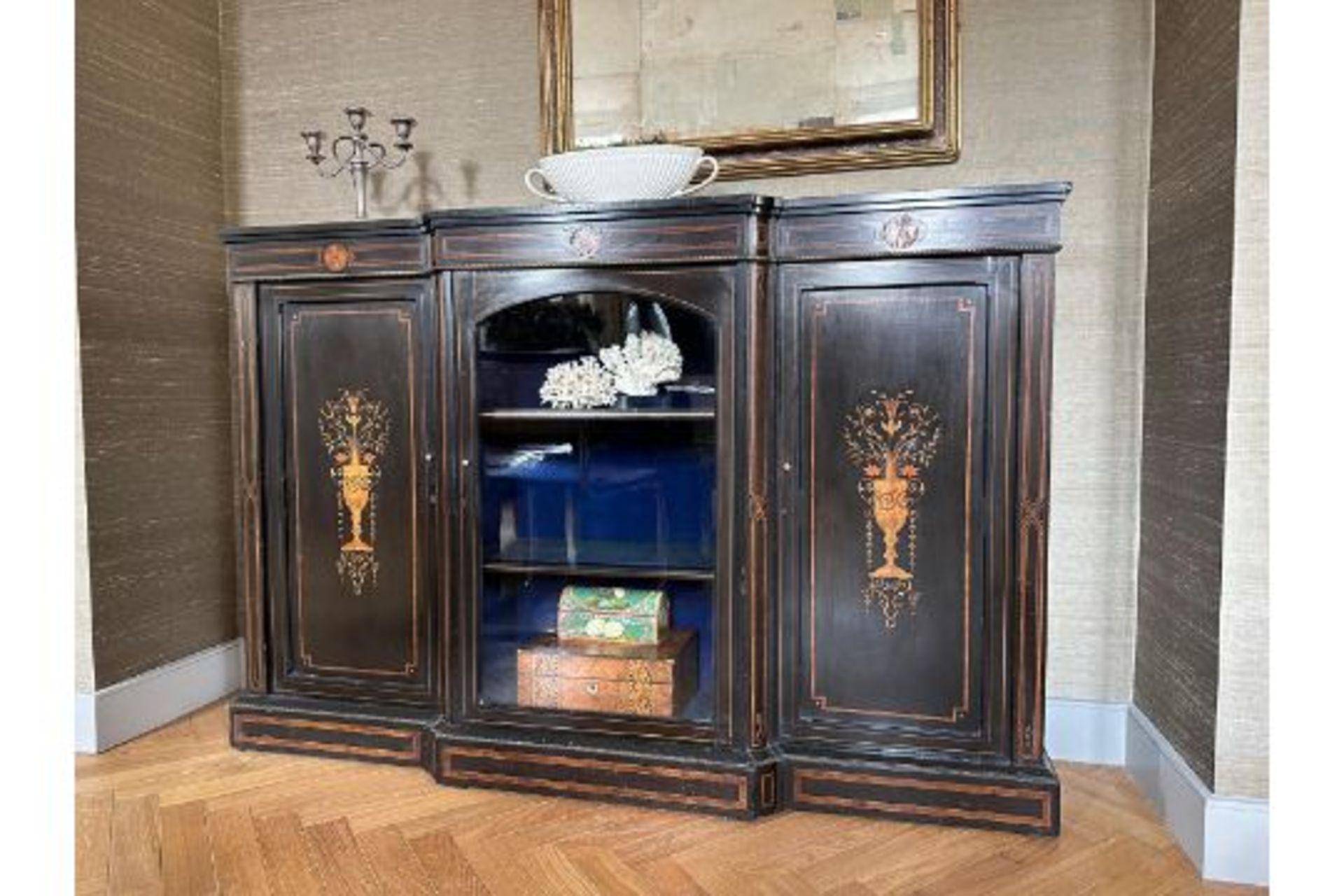 Victorian Credenza Exhibits A Captivating Combination Of Ebonised Walnut And Marquetry Detailing. It