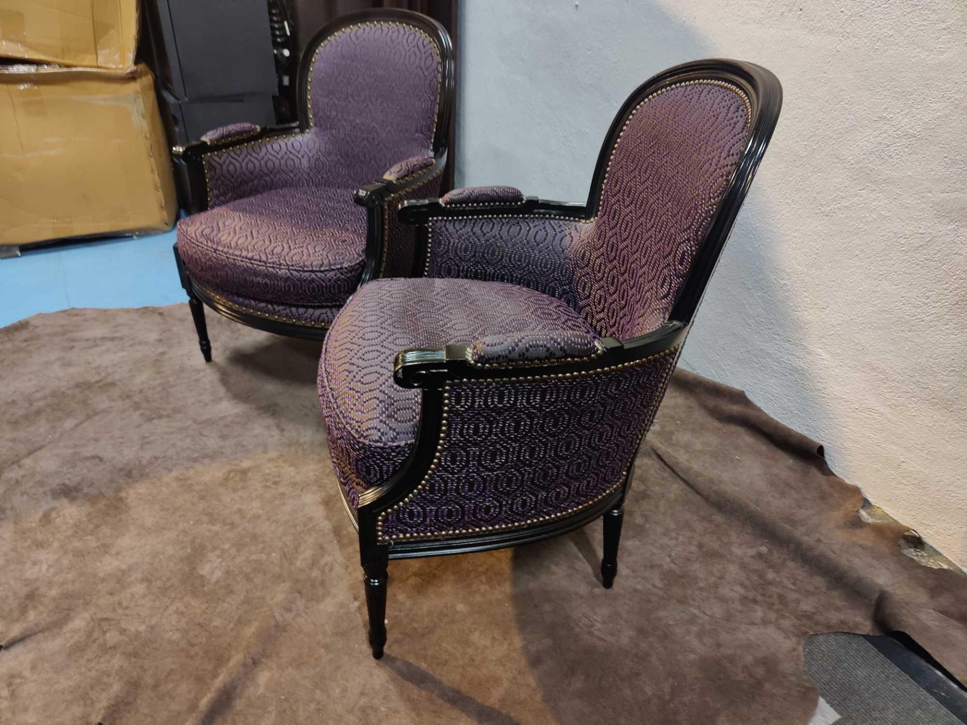 A Pair Of French Louis Style Bergere Chairs Black Wood Frame Upholstered In A Mauve Contract - Image 2 of 3