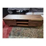 Combe Walnut Media Unit Solid And Veneer Black American Walnut With Honeycomb Carved Door Mounted On