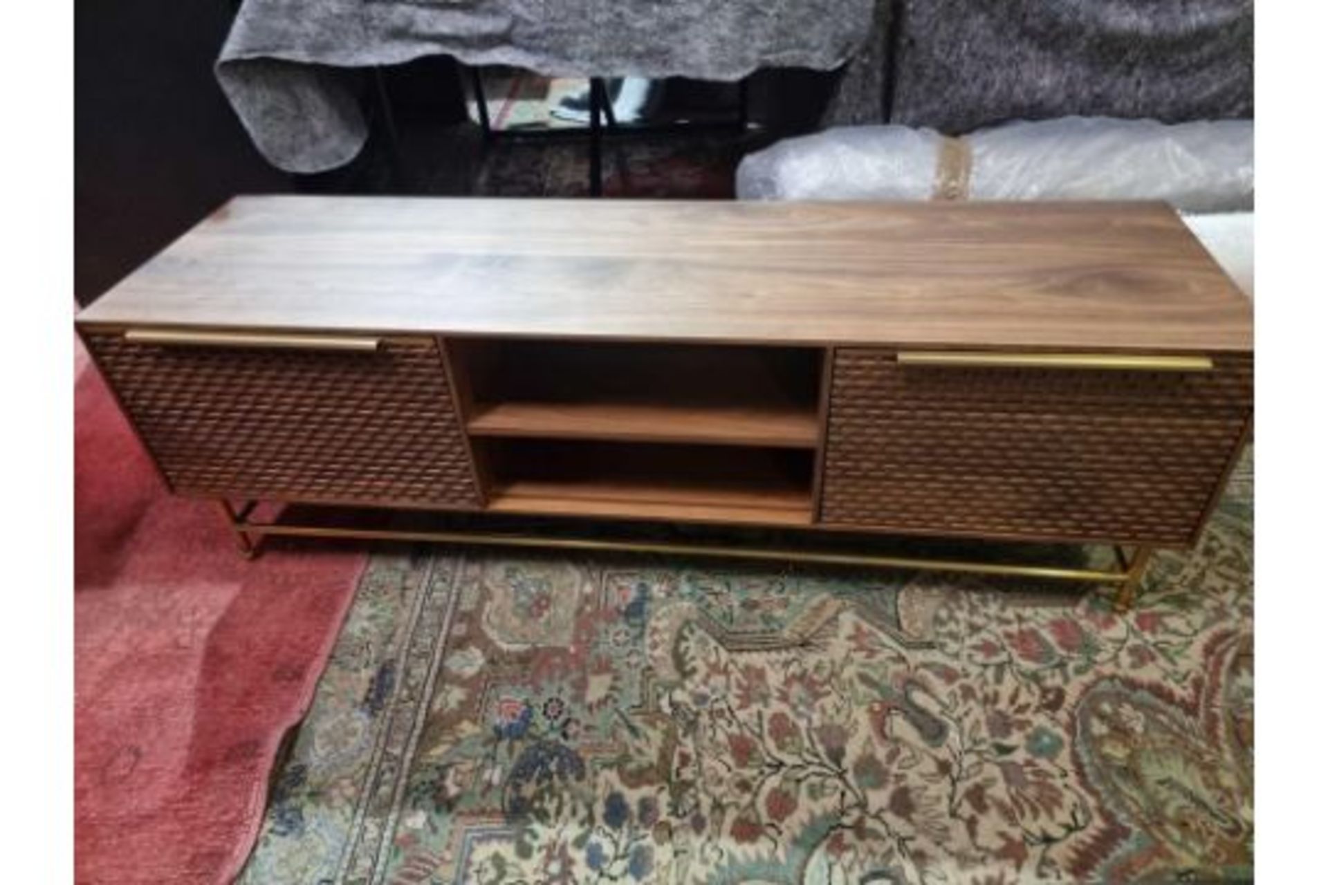 Combe Walnut Media Unit Solid And Veneer Black American Walnut With Honeycomb Carved Door Mounted On
