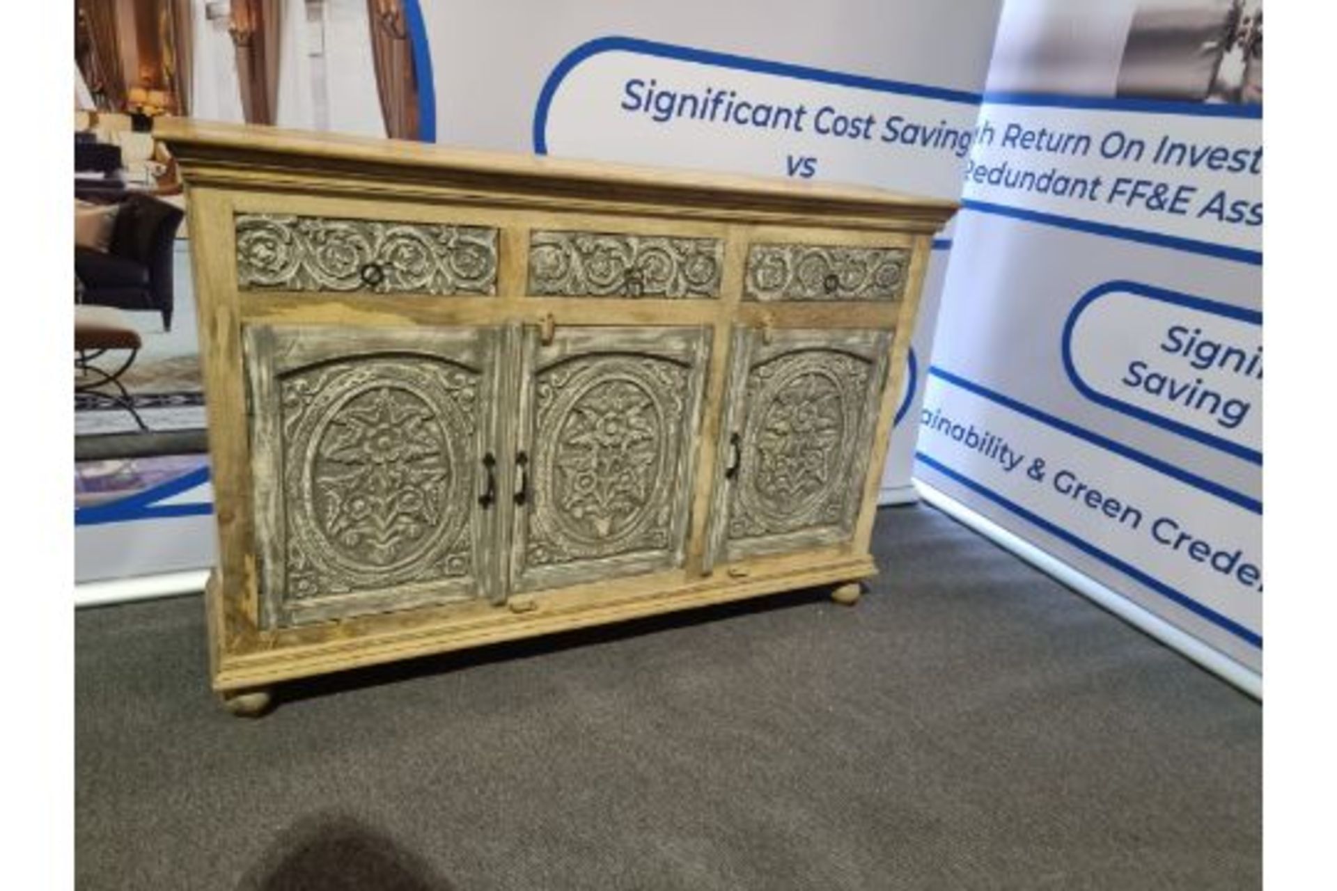 Mandala Sideboard Three Drawer Three Door Solid Reclaimed Wood Timeless Hand-Carving And - Image 3 of 4