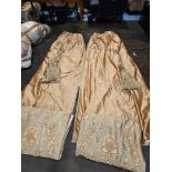 A Pair of Dark Gold Silk Drapes With Crystal Trim Edge With Silver Gold And Cream Jabots With Edge