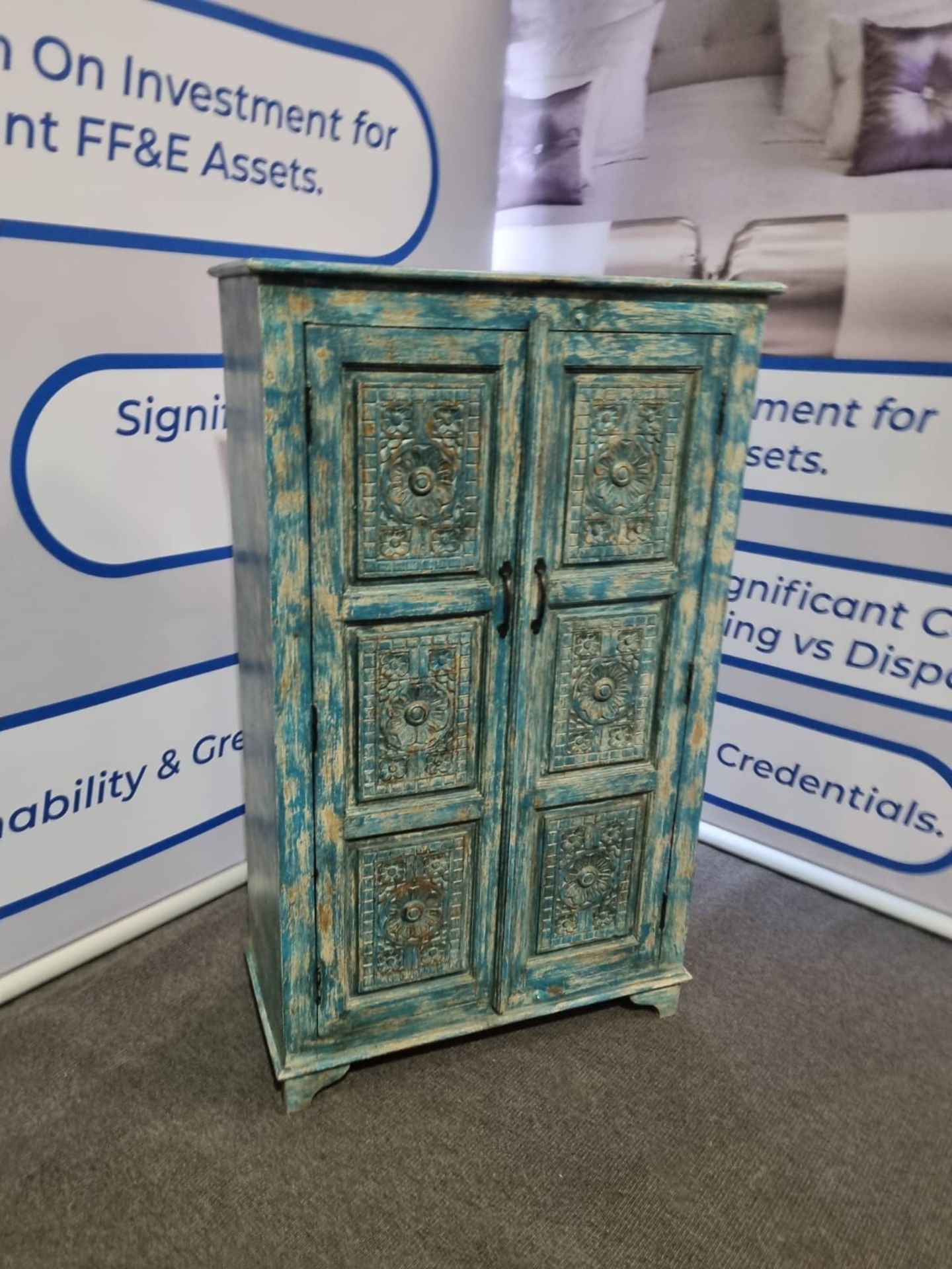 Handcrafted Two Door Distressed Painted Cabinet This Is A Beautiful Carved Cabinet That Has Been - Image 2 of 4