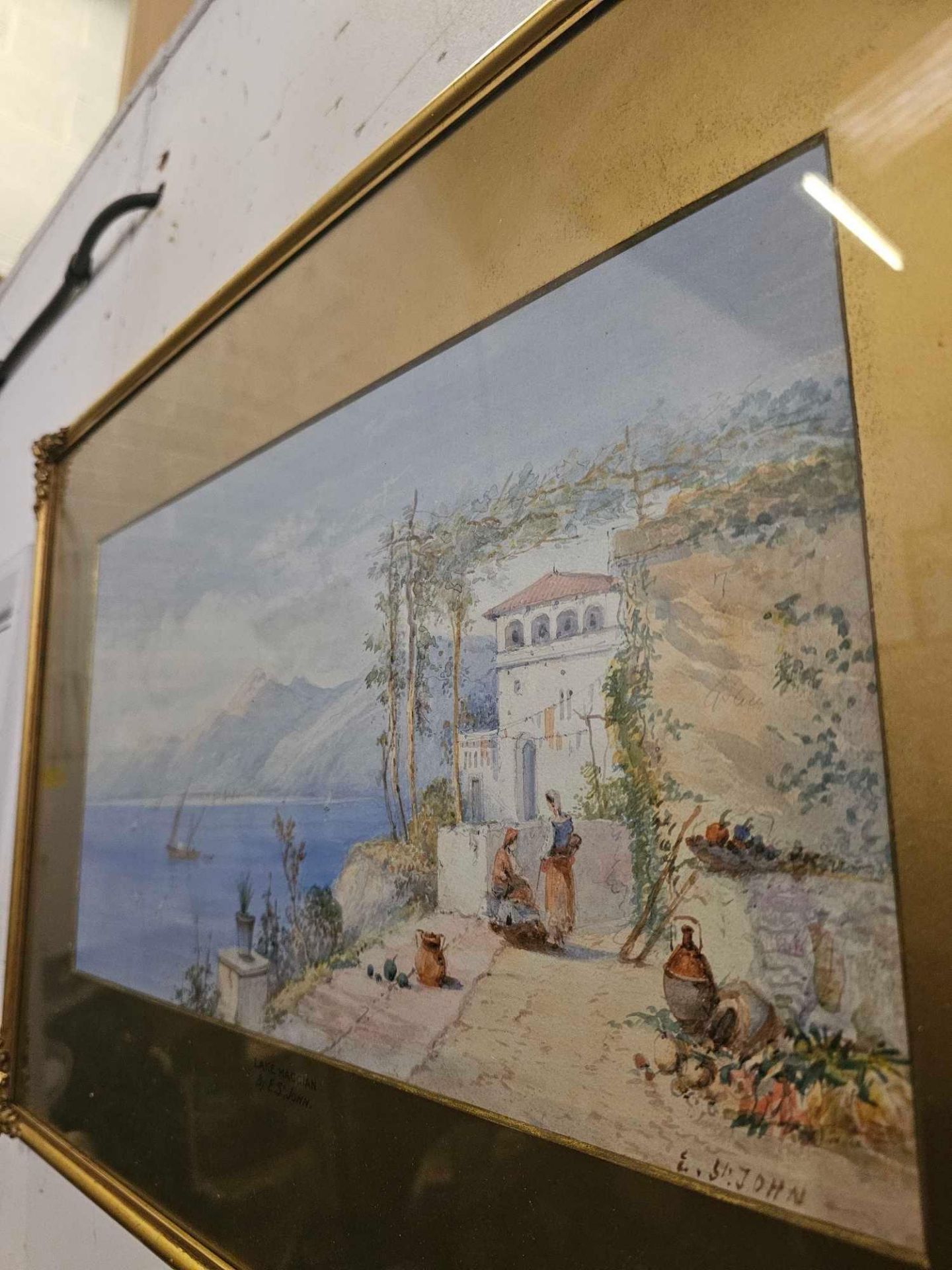 Lake Maggian Water Colour By Edwin St. John (British, Act.1880-1920), Signed And Framed In Antique - Bild 3 aus 5