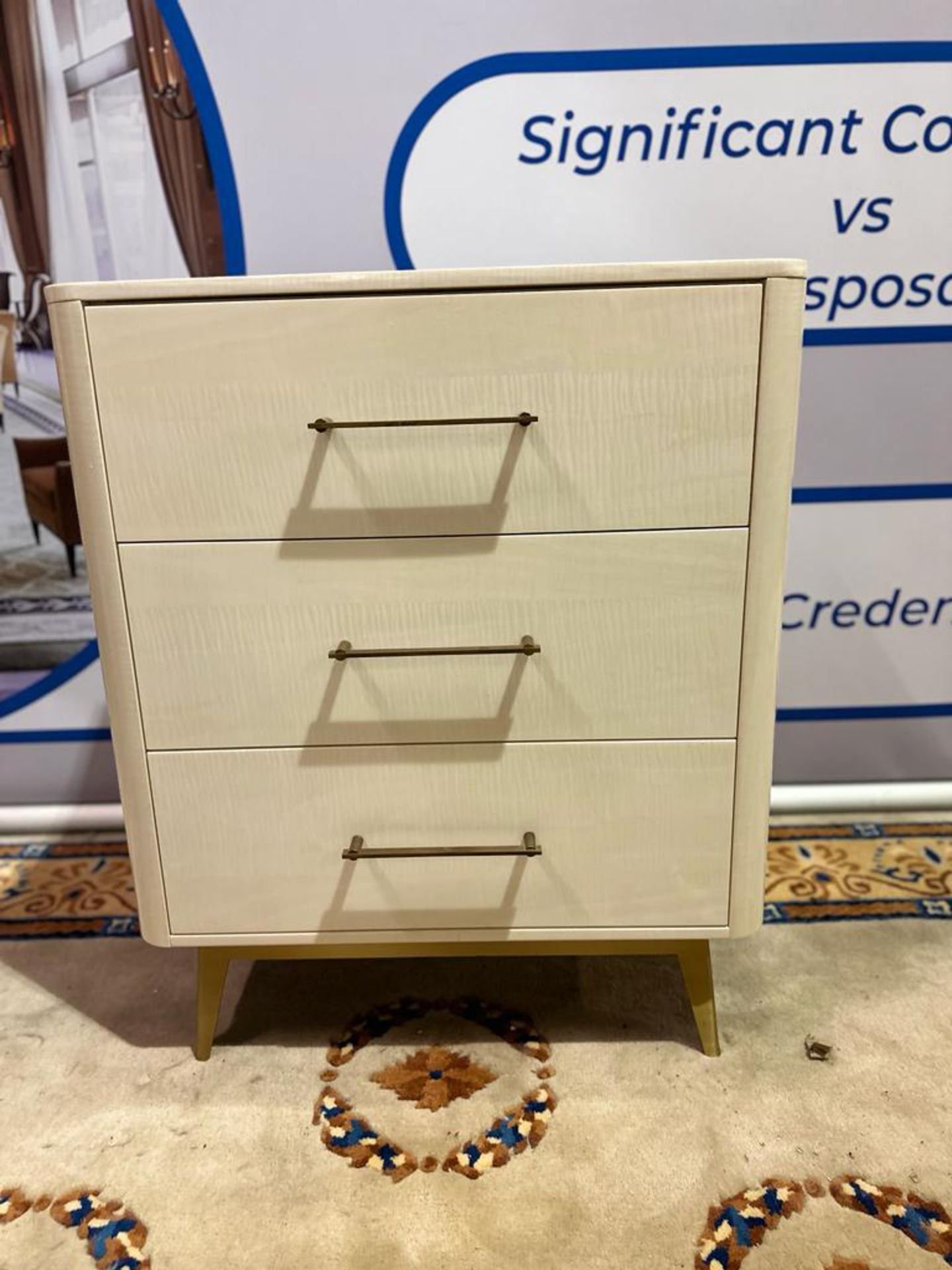 Off White Chest Of Drawers With Three Soft Close Drawers, Gold Handles And Legs Suites 74x50x89cm