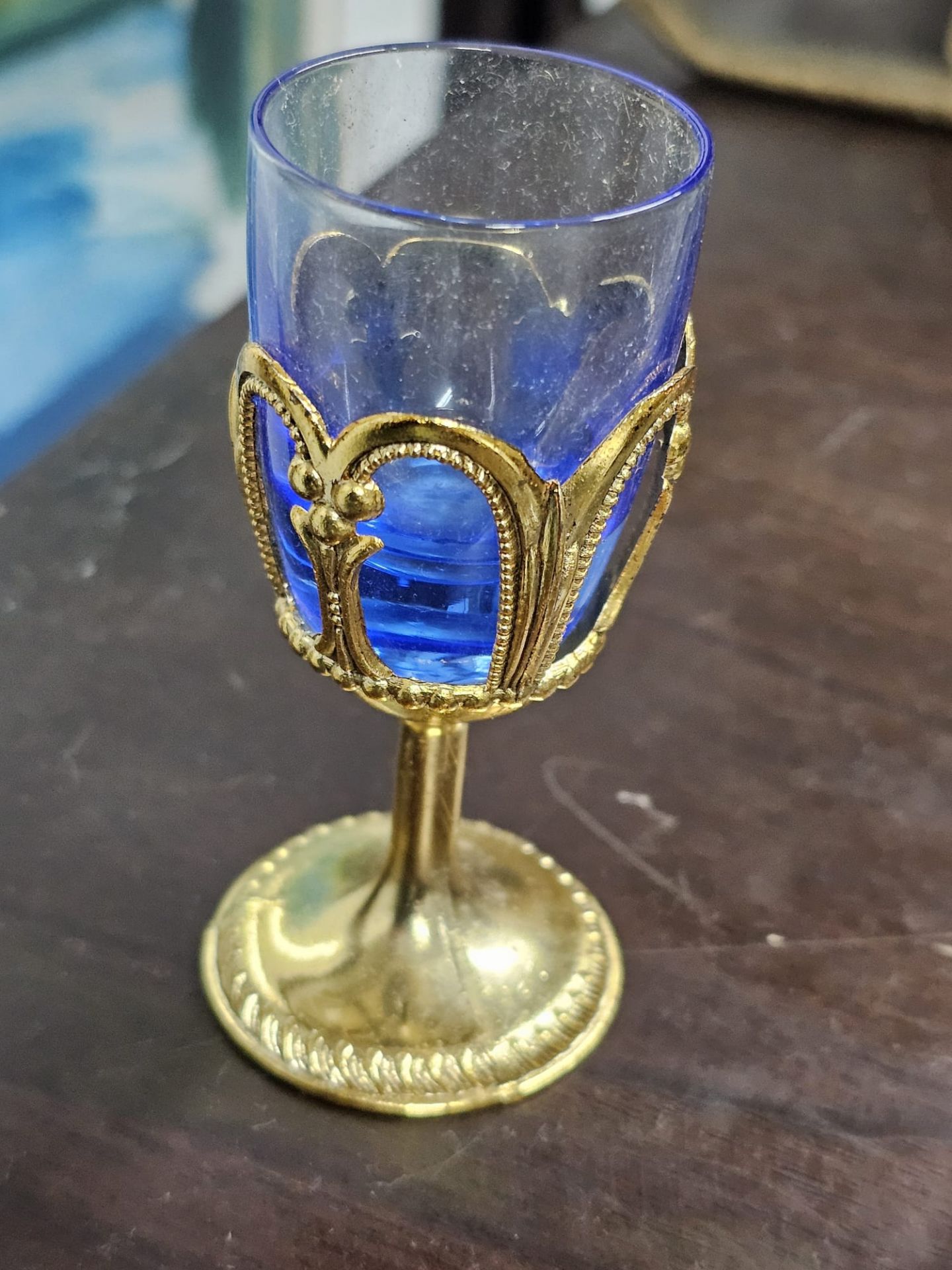 Goblet Set Brass and Cobalt Blue Glass Japanese post WWVintage boxed set of two piece goblets in - Bild 5 aus 16