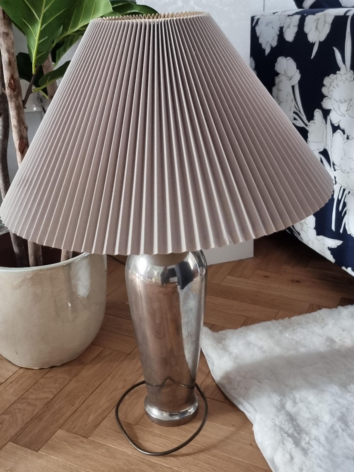 A Pair Of Chrome Table Lamps With Knife Pleat Hardback Shades. These Lamps Boast A Stunningly Modern