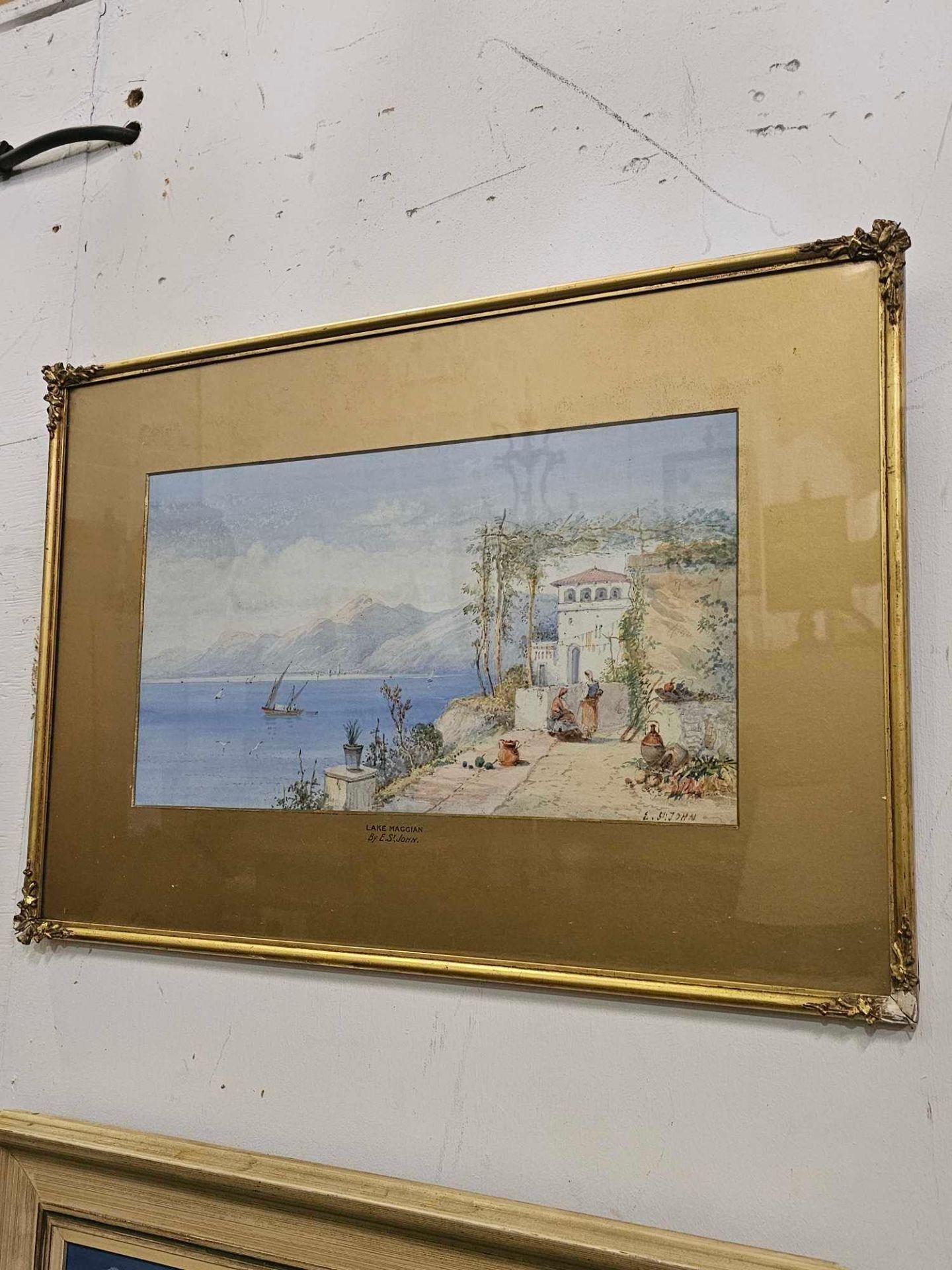 Lake Maggian Water Colour By Edwin St. John (British, Act.1880-1920), Signed And Framed In Antique