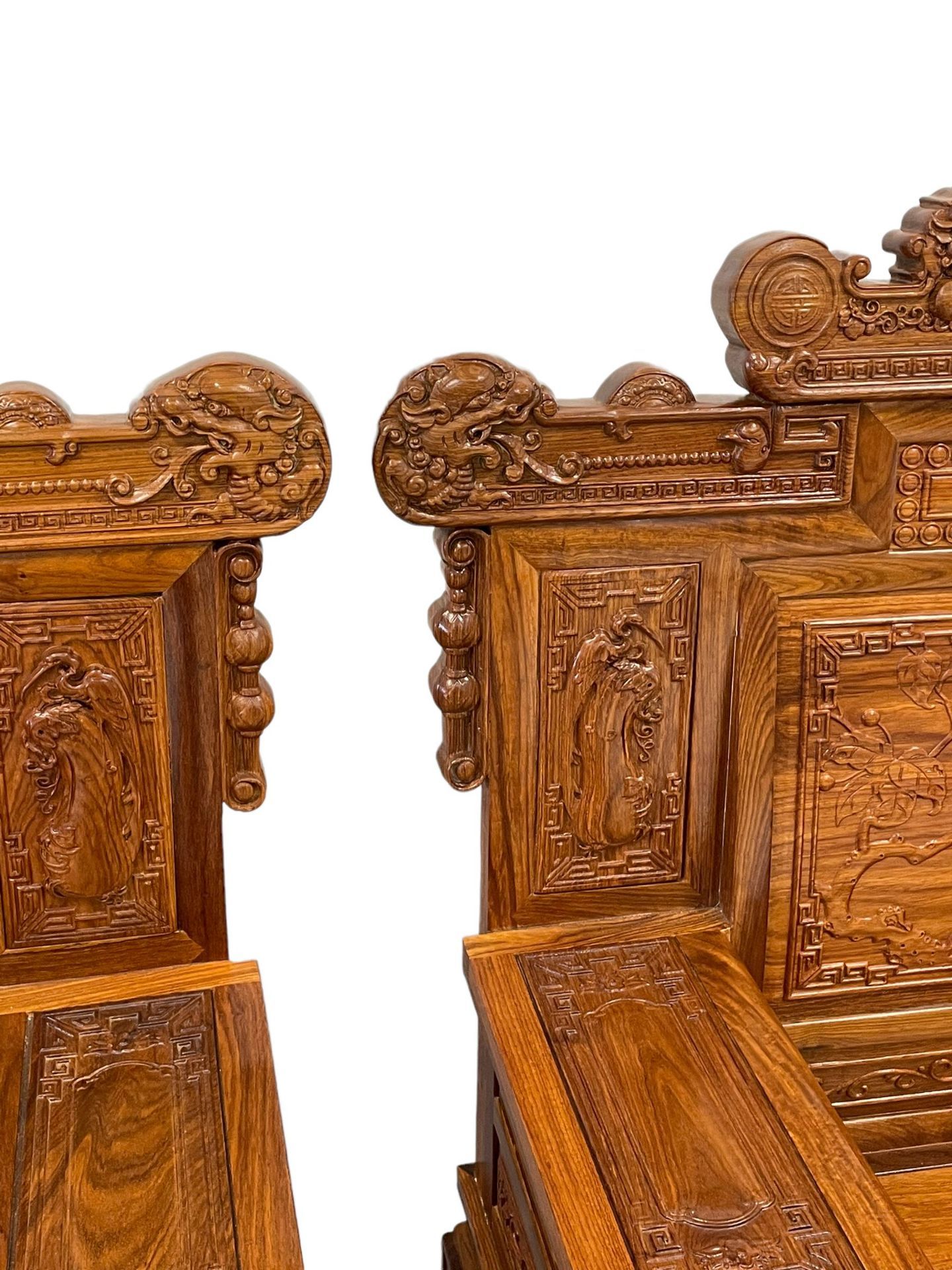 A Pair Chinese Imperial Style Hardwood Throne Chairs, The Backs Carved With Dragon Masks And Birds - Image 15 of 20