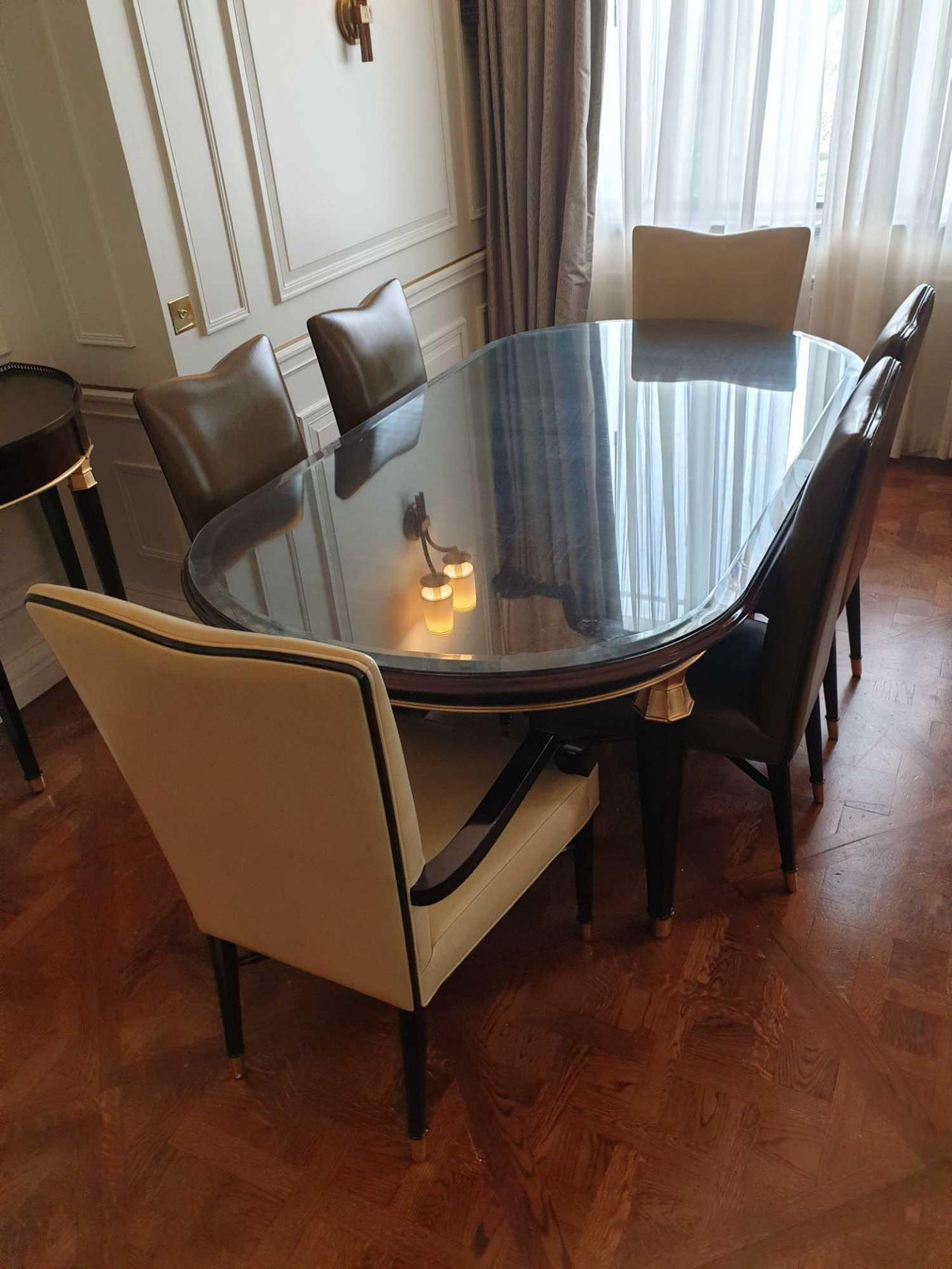 Regency Style Dining Table Extendable Dining Table With Glass Top Tapered Legs And Brass Feet With